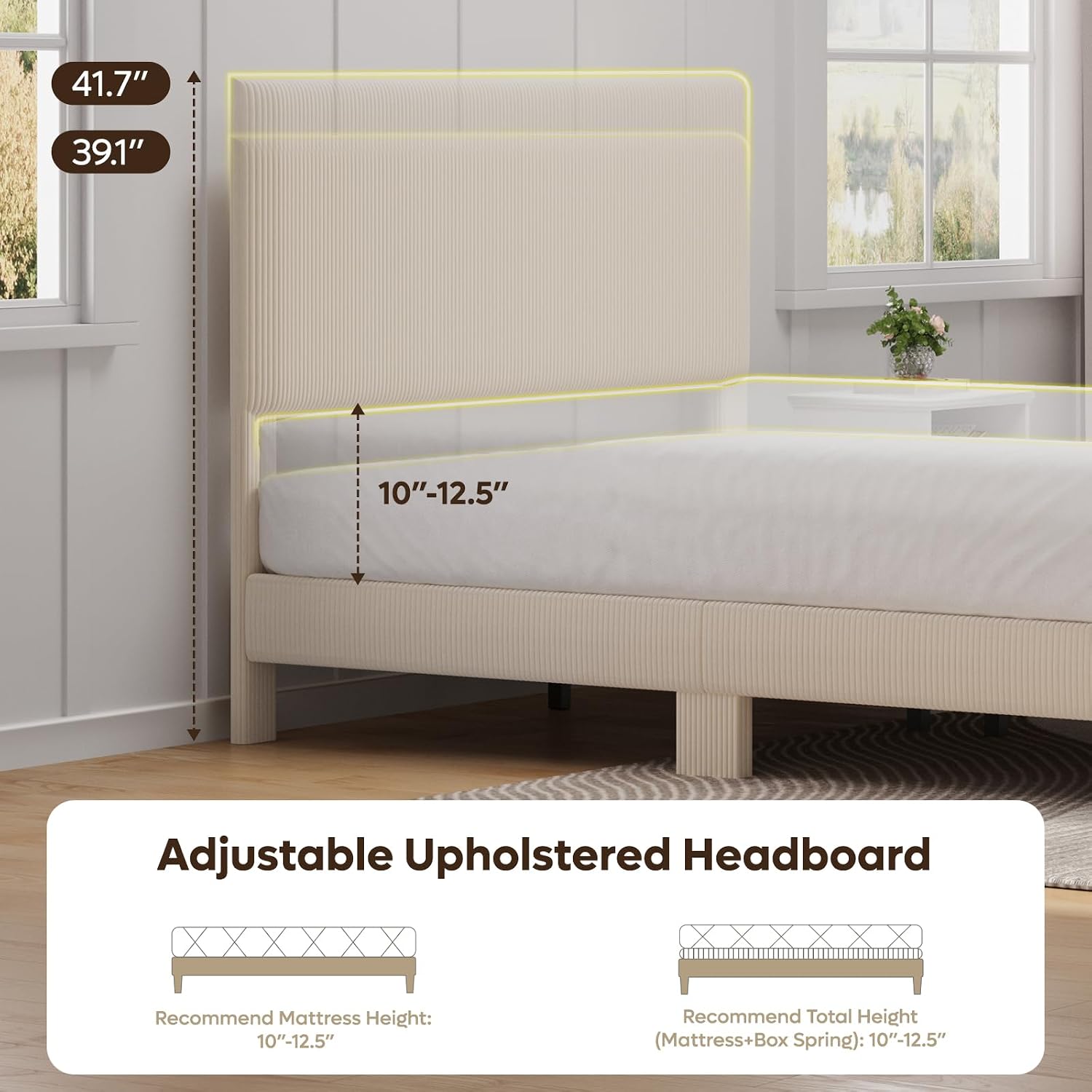 Bestier Queen Bed Frame with Headboard,Platform Queen Size Bed Frame with LED Lighting,Bed Frame Wooden Slats Support,No Box Spring Needed,Never Squeaks, Easy Assembly,Beige