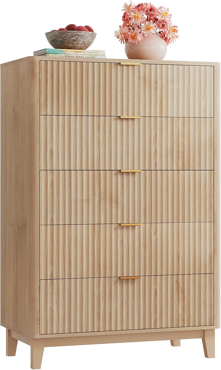 WLIVE Fluted Dresser for Bedroom with 5 Drawers, 46.26' Tall Wooden Dresser with Golden Metal Handles, Mid Century Modern Chest of Drawers for Living Room, Hallway, Closet, Natural Oak