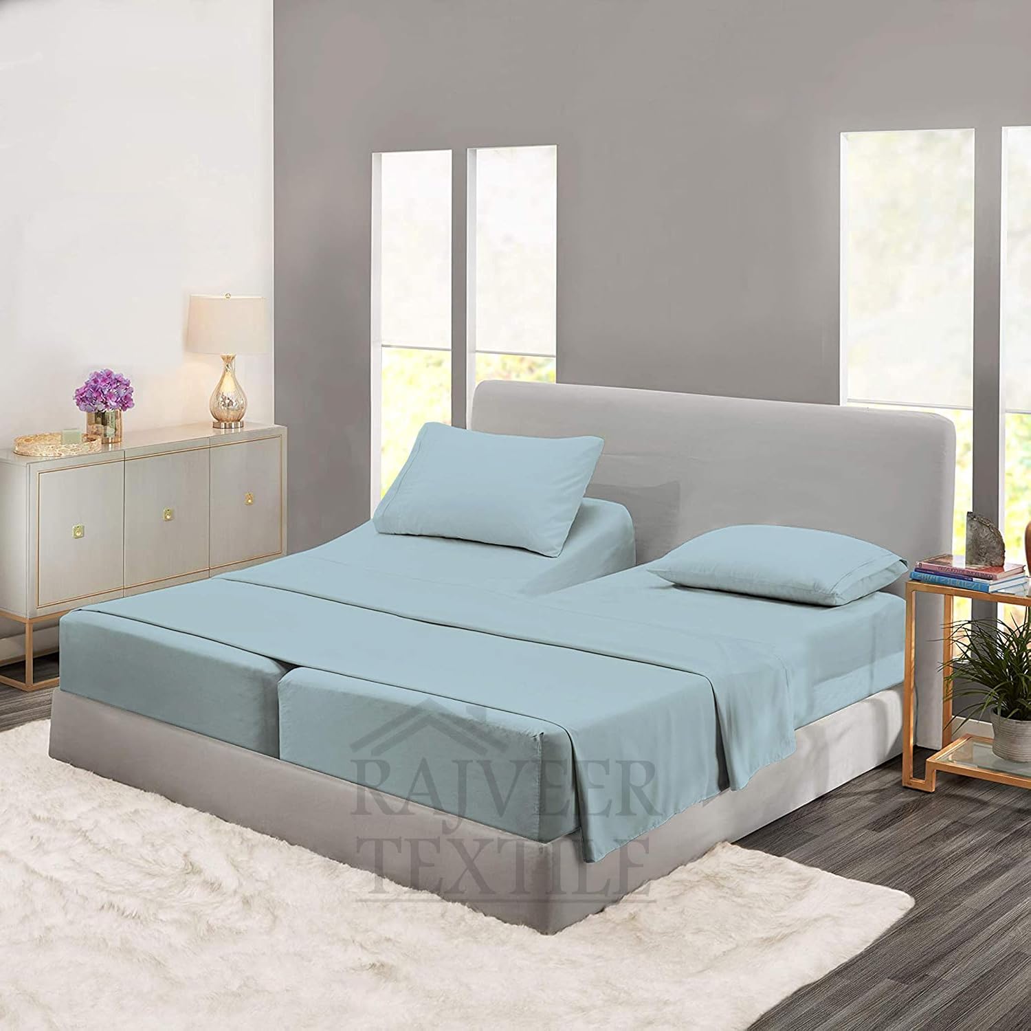 5 Piece Sheet Set- Cotton 1000 Thread Count - Luxury Bedding Set Fits Up to 15 Inches Deep Pocket - 5 Piece Sheet Set (Split King Size, Sky Blue)