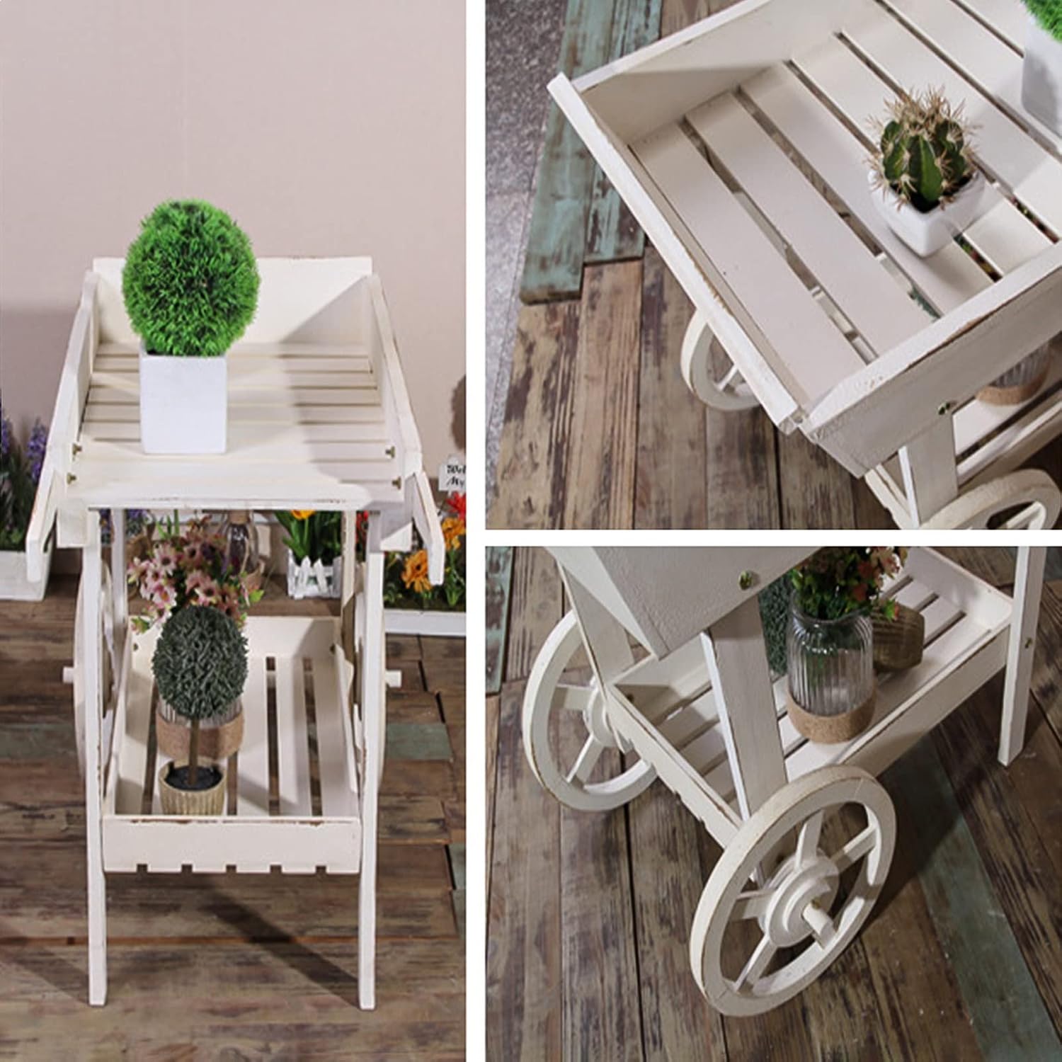 Outdoor Potting Bench Cart Table, Home and Outdoor Multifunctional Wooden Table Top Worktable On Two Wheels