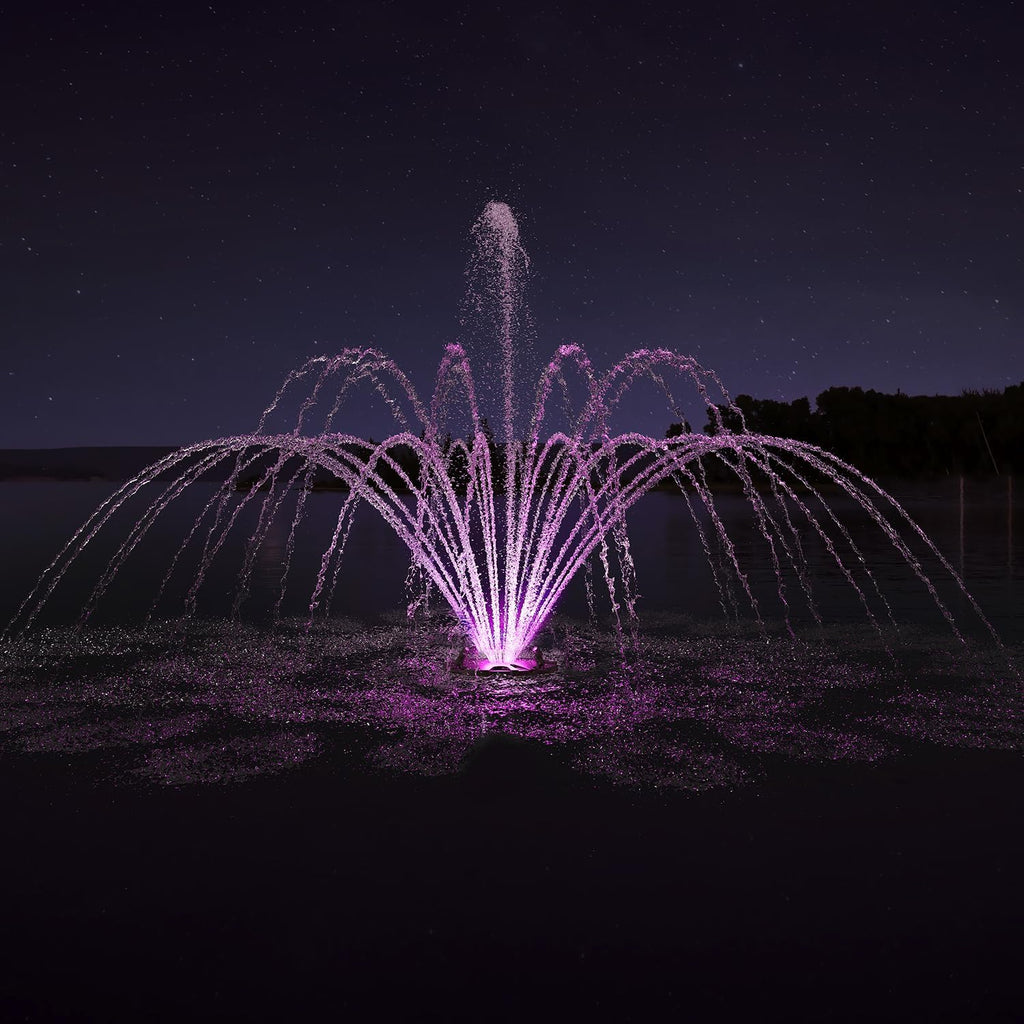 FS01 110V, 1 HP, Large Pond Floating Fountain with LED RGB Lights, Oil Free Pump 13000 GPH with 100' Cord, Two Spray Patterns Included