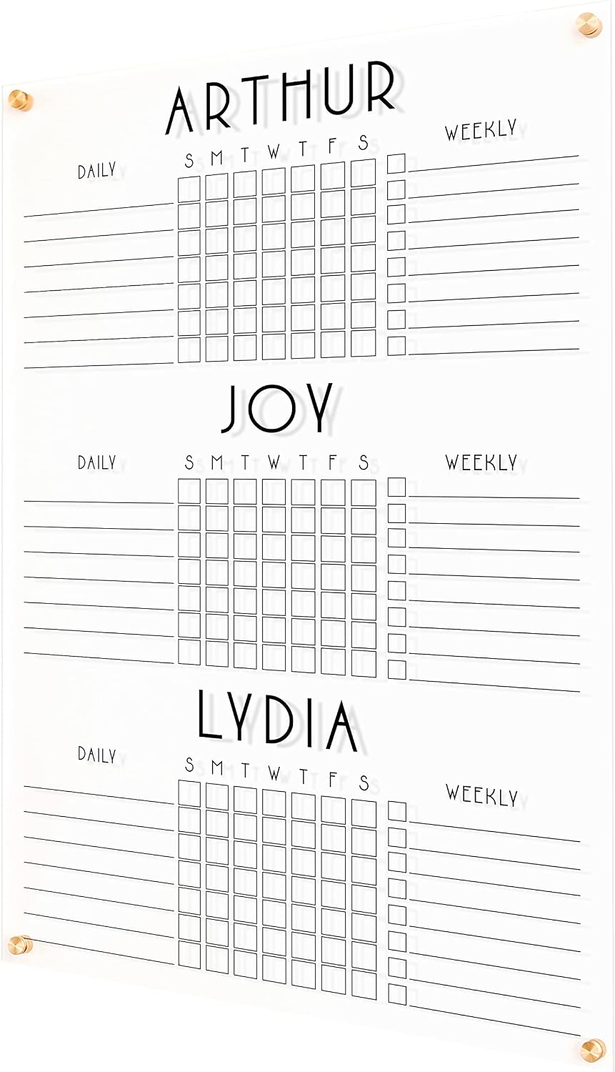 Personalized Chore Chart for Three Children | Custom Chore Chart for Girls and Boys dry erase clear acrylic minimalist homeschool (26'W x 38'H, Champagne Gold Standoffs)