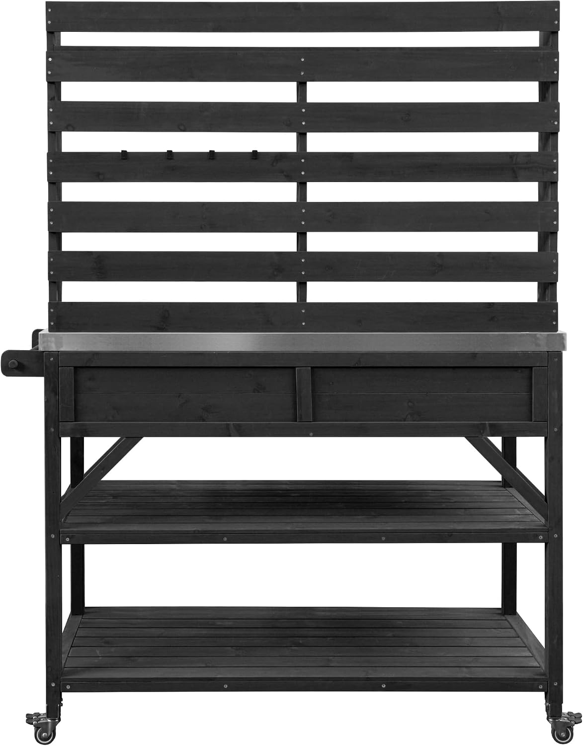 64.9' H Outdoor Potting Bench Table, Rolling Workstation Table with Lockable Wheels, Solid Wood Outdoor Kitchen Island with Upper Hutch, Stainless Steel Top and Towel Rack for Grilling, Lawn Garden