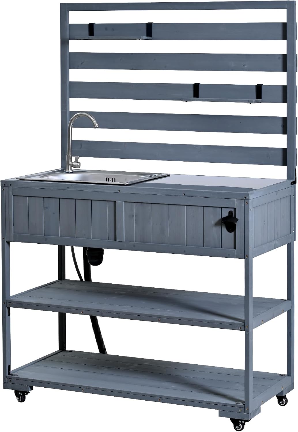 Patio Potting Bench Table with Stainless Table Top, Rolling Potting Bench on Wheels with Sink, 2 Movable Shelves and Bottle Opener for Backyard (Gray)