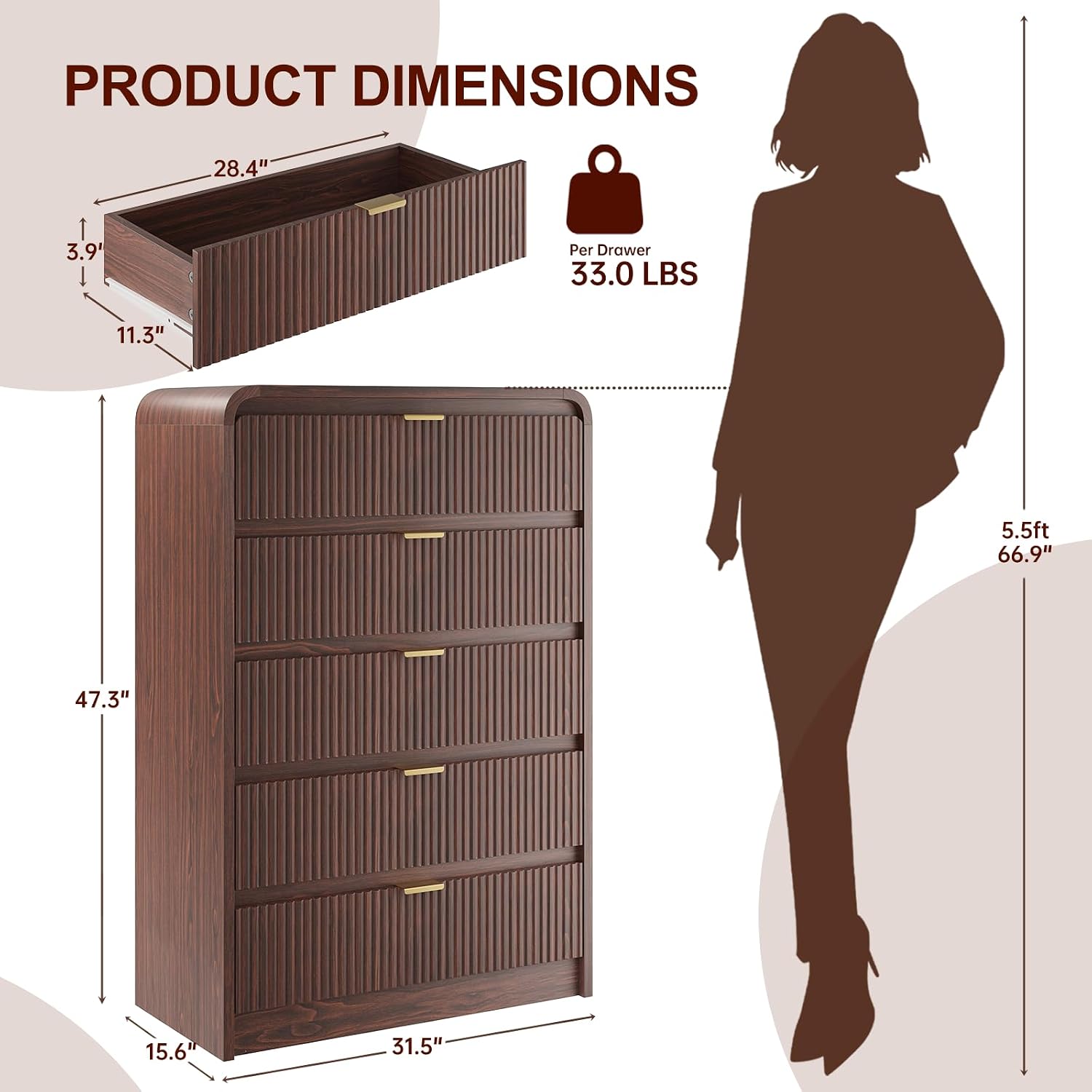 FURSUN Fluted 5 Drawers Dresser for Bedroom, 48' Tall Wooden Modern Dresser with Metal Handle, Curved Profile Design, Storage Organizer for Bedroom, Living Room, Hallway, Dark Walnut