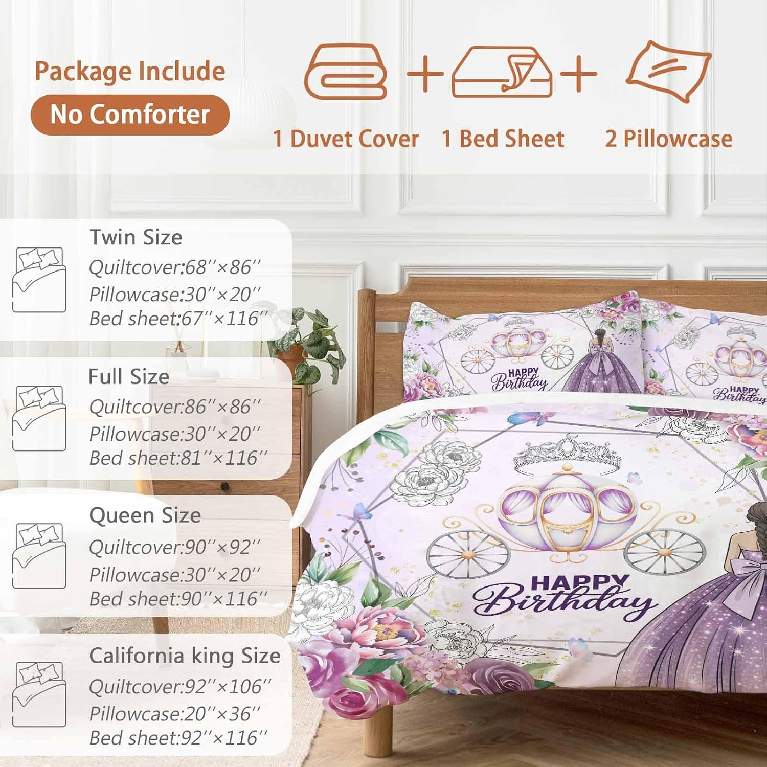 Happy Birthday Duvet Cover Full Size - 4 Pieces Bedding Set, Purple Luxury Dress Crown Carriage Flowers Bedding Comforter Covers Zipper Closure, 1 Duvet Covers 1 Fitted Sheet 2 Pillow Shams