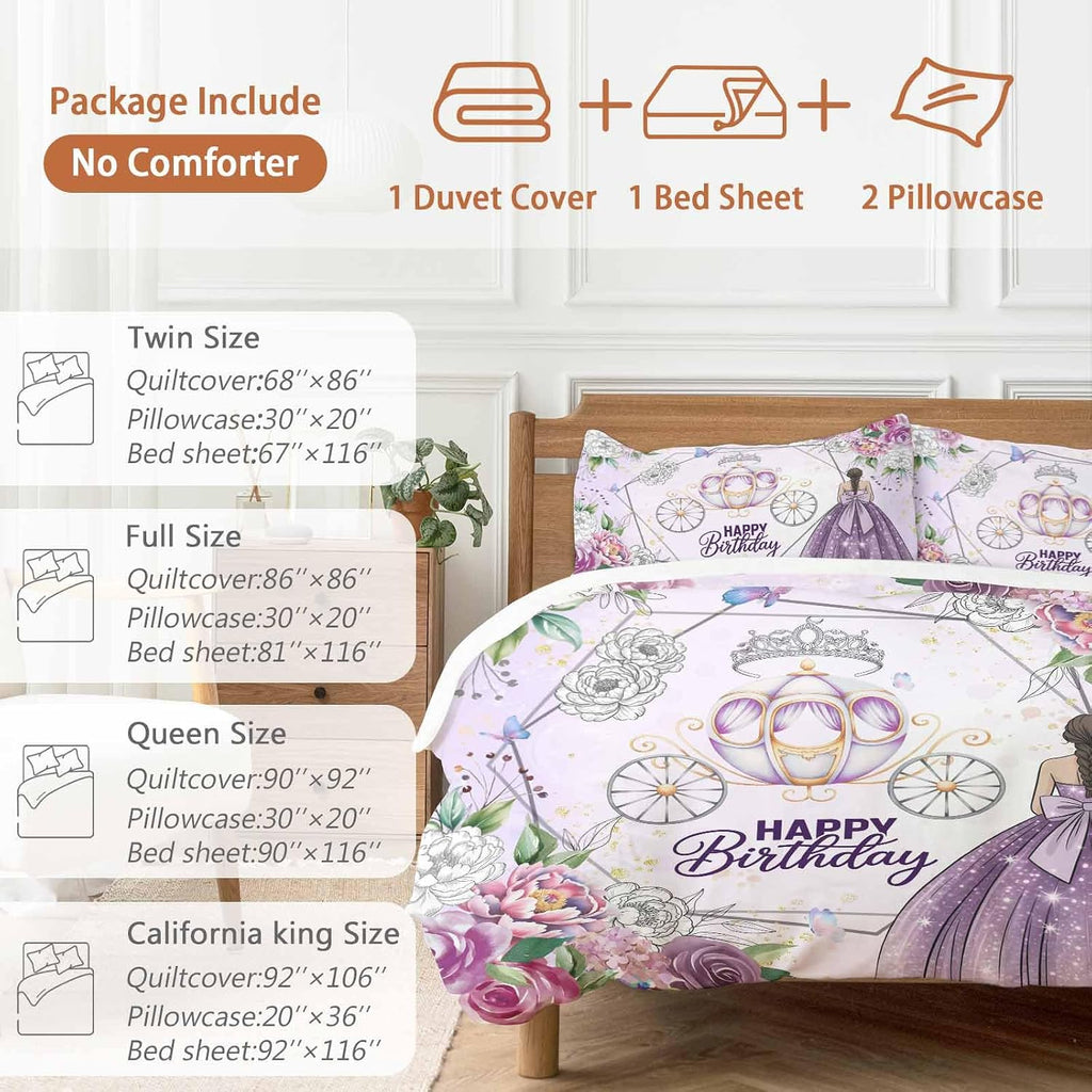 Happy Birthday Duvet Cover Set, Purple Luxury Dress Crown Carriage Flowers Soft Duvet Cover Full Size Bedding Set 4 Pieces, 1 Quiltcover and 2 Pillowcases with Zipper, 1 Bed Sheet for All Seasons