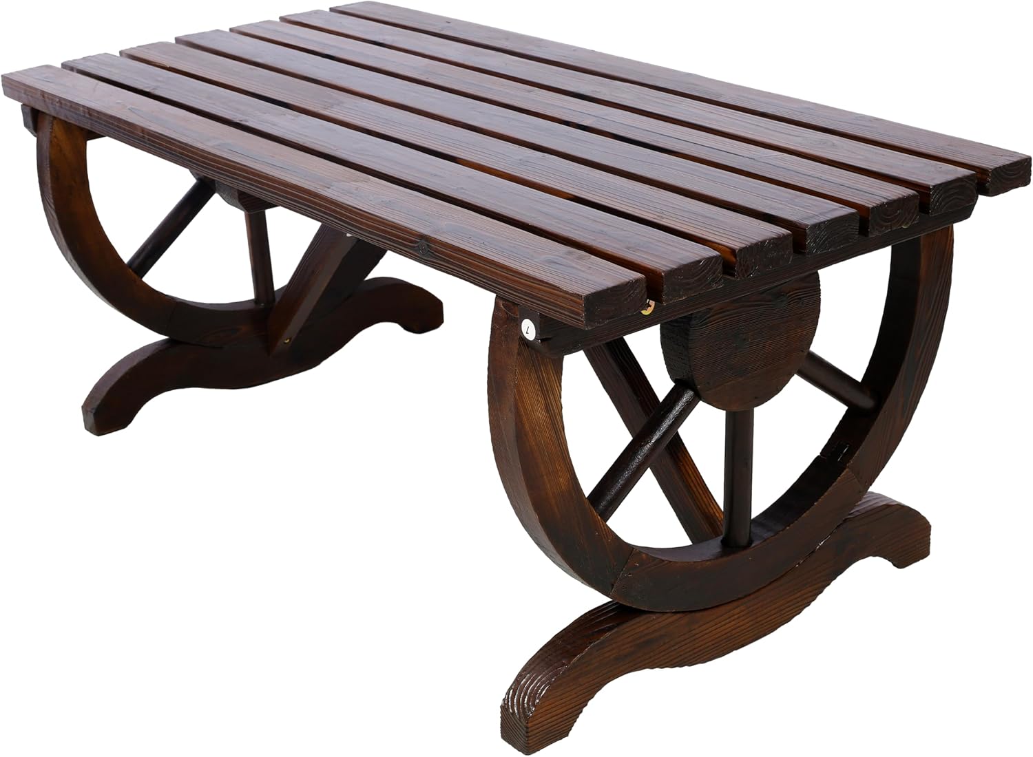 2 People Modern Outdoor Rustic Wooden Bench with Wagon Wheel Legs, Brown Garden Chair Front Porch Furniture, for Park, Yard, Lawn