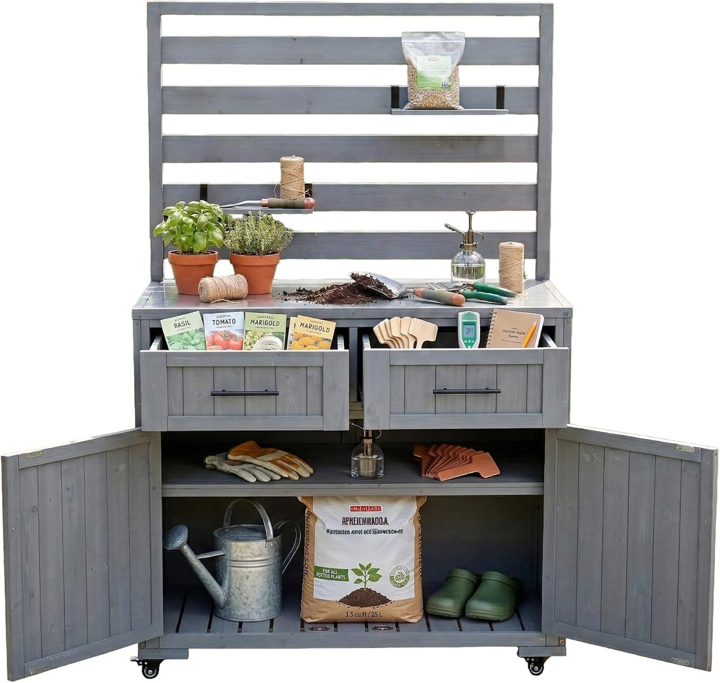 Large Potting Bench Table with Stainless Table Top, Mobile Garden Workstation on Wheels with 3 Movable Shelves and 2 Drawers (Gray)