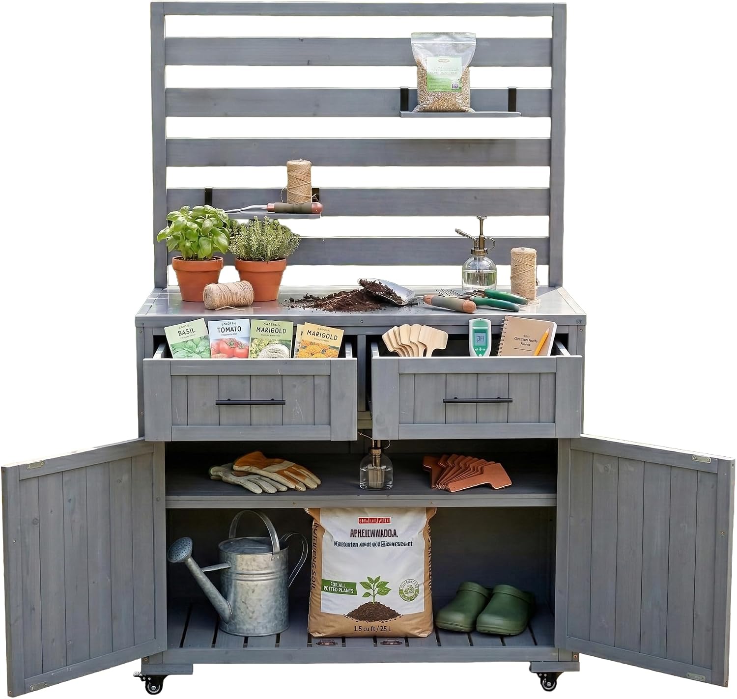 Roomfitters 64.9' Garden Potting Bench with Stainless Steel Top, Rolling Outdoor BBQ Prep Station, Storage Hutch, Drawers, Gray