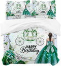 Happy Birthday Duvet Cover Set, Green Dress Crown Carriage Flowers Butterfly Soft Duvet Cover Full Size Bedding Set 4 Pieces, 1 Quiltcover and 2 Pillowcases with Zipper, 1 Bed Sheet for All Seasons