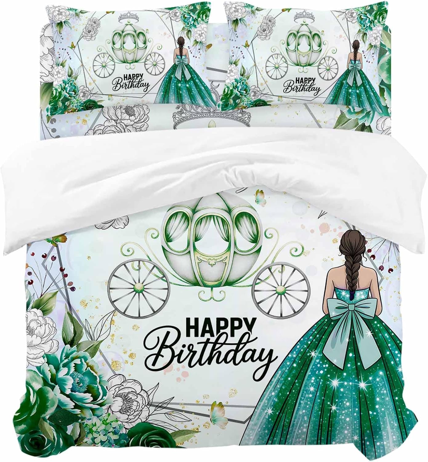 Happy Birthday Duvet Cover Set, Green Dress Crown Carriage Flowers Butterfly Soft Duvet Cover Full Size Bedding Set 4 Pieces, 1 Quiltcover and 2 Pillowcases with Zipper, 1 Bed Sheet for All Seasons