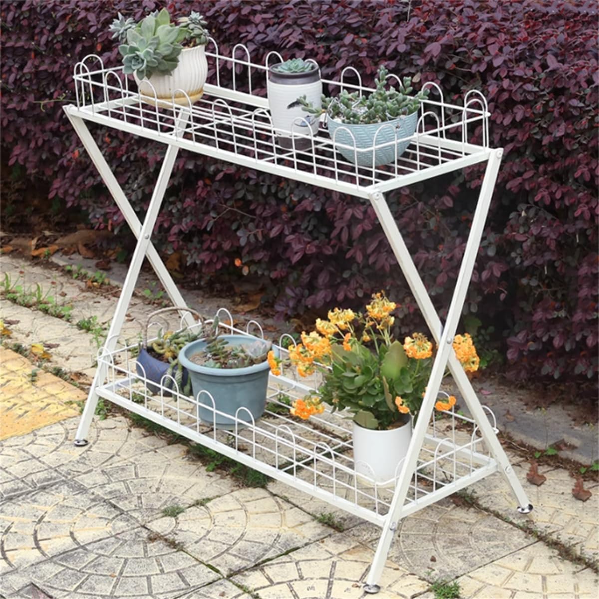 Garden Plant Stand,Outdoor Potting Bench Table,Old Balcony Iron Flower Stand with Fence,2 Tier Metal Waterproof Plant Shelf,for Living Room Patio Home Decor,White