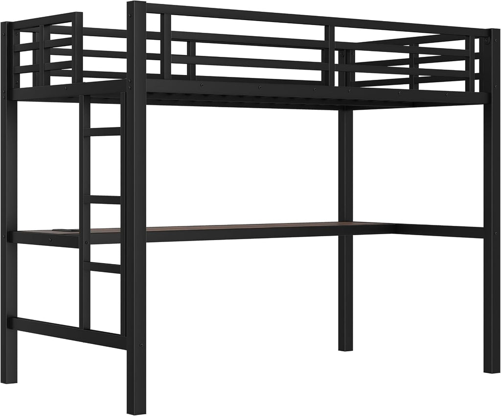 Bellemave Metal Twin Size Loft Bed with Desk and Charging Station,Heavy Duty Loft Bed Frame with LED Lights and USB for Kids,Teens,Adults,Twin Size,Black