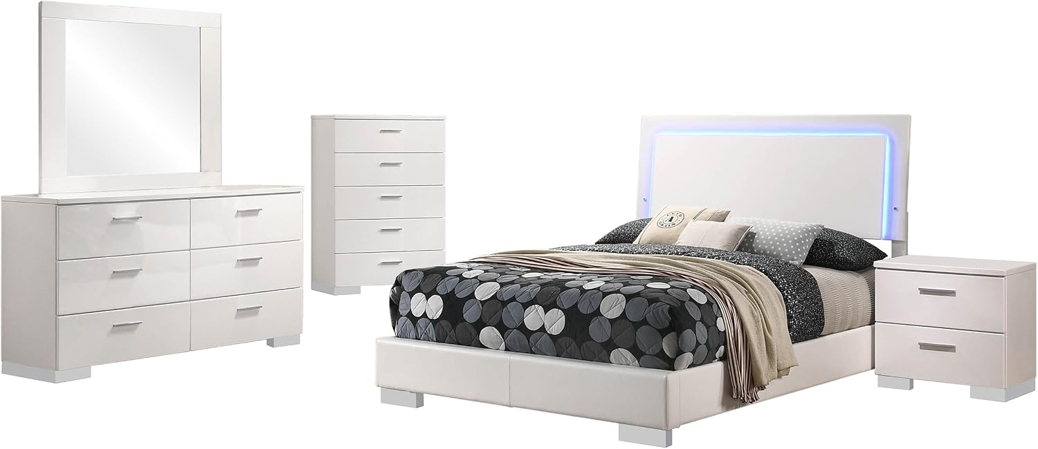 Coaster Home Furnishings Felicity Contemporary 5-Piece Bedroom Set Full Size LED Panel Bed Frame 49-inch Headboard White High Gloss 203500F-S5
