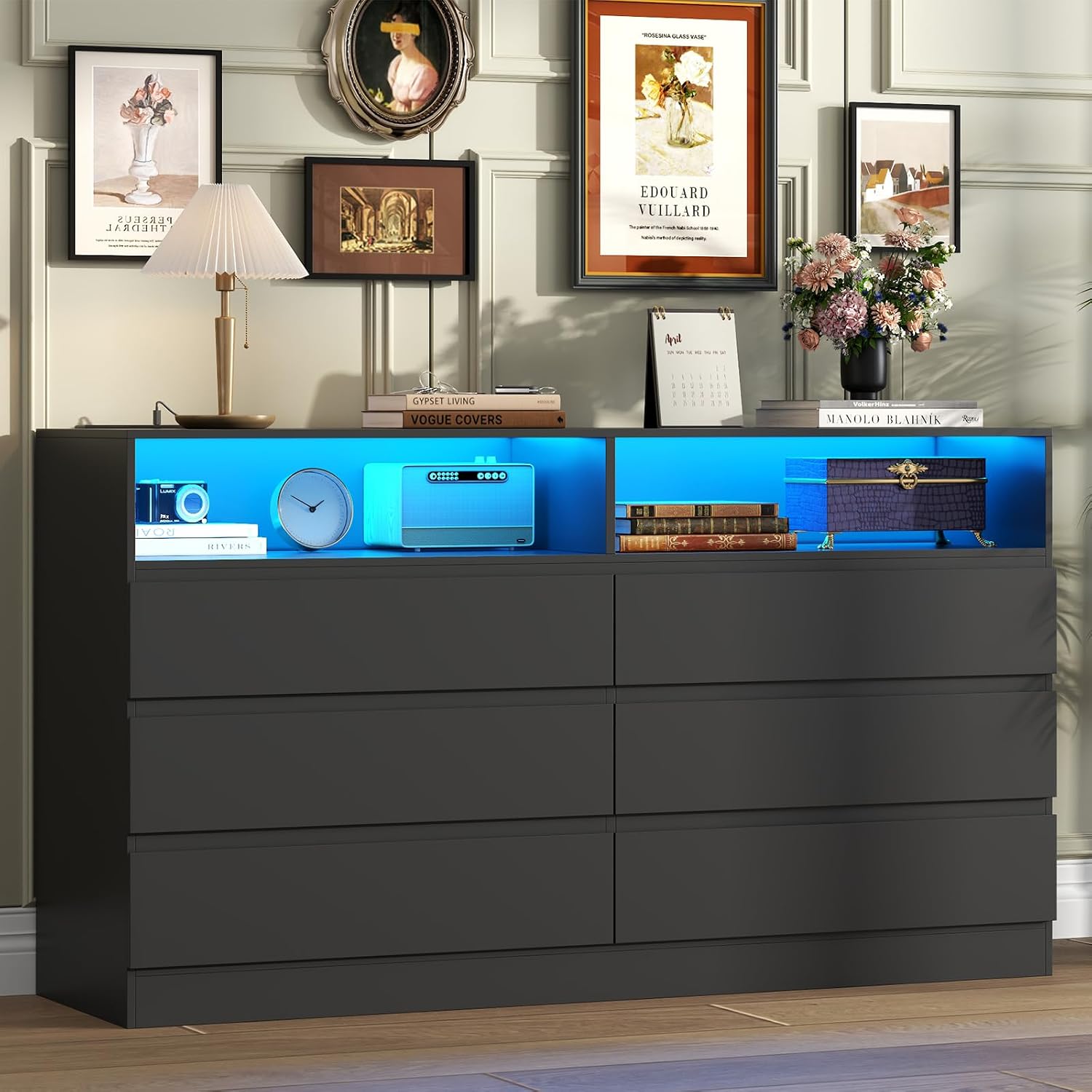 Gyfimoie 6 Drawer Dresser with Power Outlet, Modern Black Dresser Chest of Drawers with LED Ligh, Wooden Dressers TV Stand, Double Wide Dressers Organizer for Bedroom, Living Room, Entryway