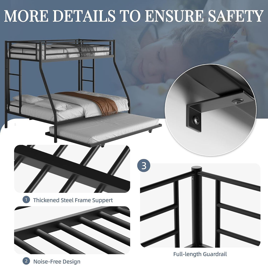 Shintenchi Bunk Bed Twin Over Full Size with Trundle, Heavy-Duty Twin&Full Frame with Full-Length Guardrail and Two Ladders, Triple for Kids, Teens and Adults, Space-Saving, Black