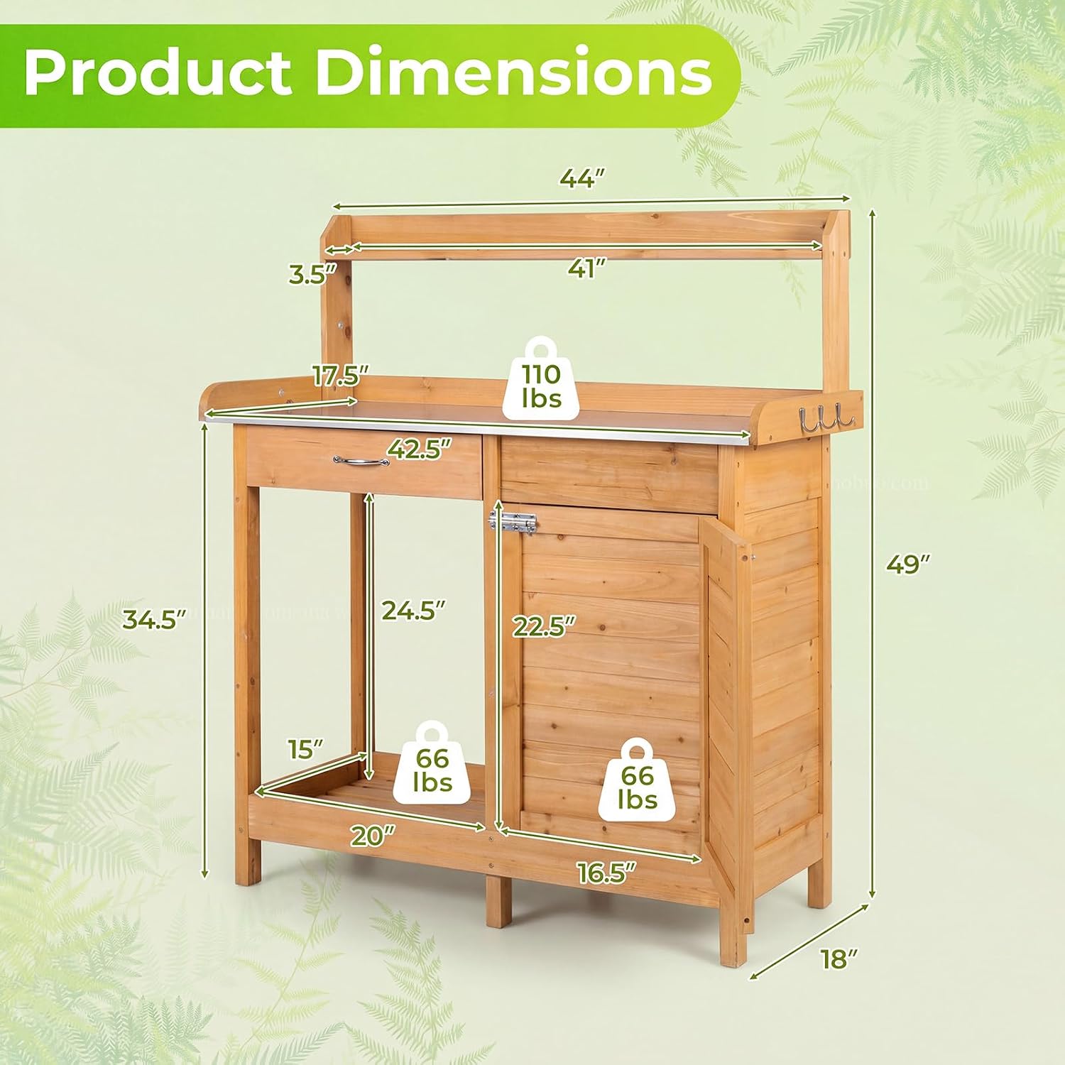 S AFSTAR Outdoor Potting Bench Table, Wooden Garden Work Station with Drawer, Storage Cabinet, Open Shelf, Side Hooks, Metal Tabletop Gardening Workbench, Potting Benches for Outside Backyard Balcony