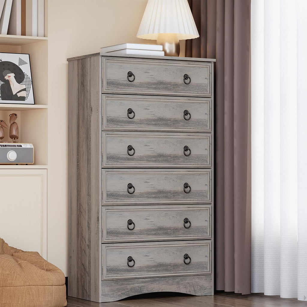 VVFLU 6 Drawer Dresser Tall, 52' Tall Grey Dresser for Bedroom, Chest of Drawers, Large Storage Organizer for Clothes, Grey Vintage, for Living Room, Bedroom, Hallway