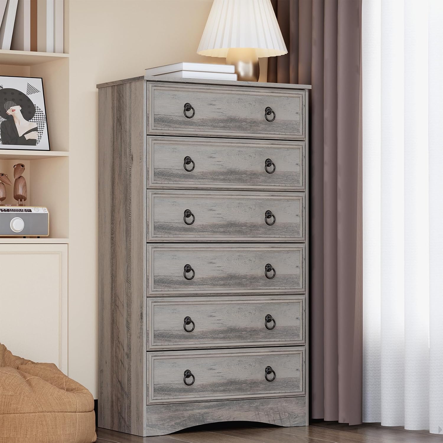 VVFLU 6 Drawer Dresser Tall, 52' Tall Grey Dresser for Bedroom, Chest of Drawers, Large Storage Organizer for Clothes, Grey Vintage, for Living Room, Bedroom, Hallway