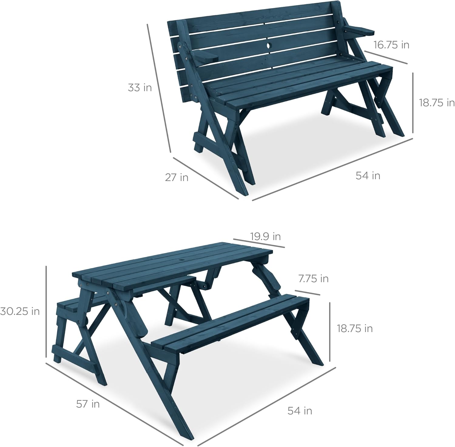 Best Choice Products 2-in-1 Transforming Interchangeable Outdoor Wooden Picnic Table Garden Bench for Backyard, Porch, Patio, Deck w/Umbrella Hole - Harbor Blue