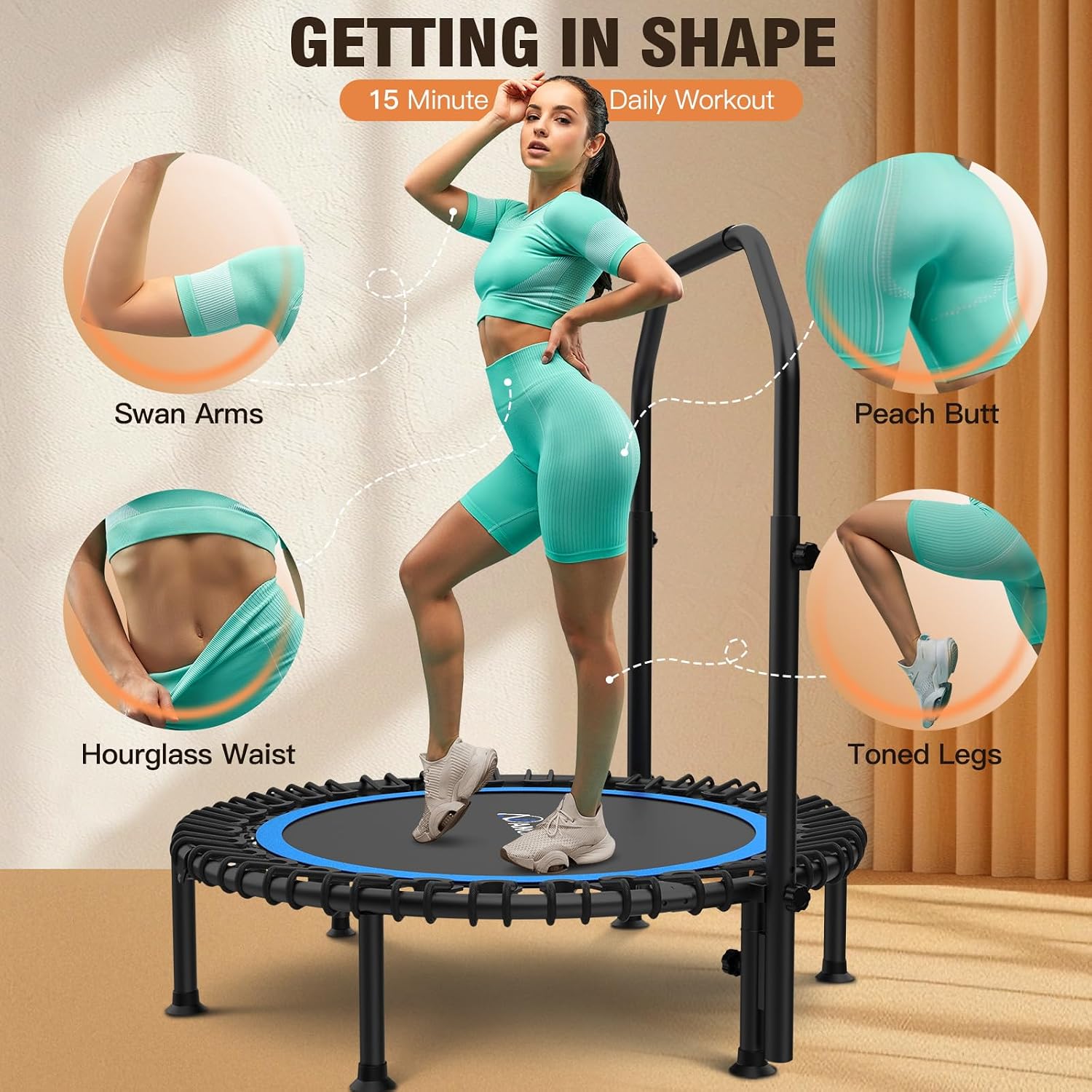 ANCHEER 40'/48' Foldable Mini Trampoline,Max Load 450lbs/550lbs Indoor Trampoline,with 4 Level Adjustable Foam Handle and Resistance Bands,Adult Exercise Trampoline for Home, Garden, and Gym