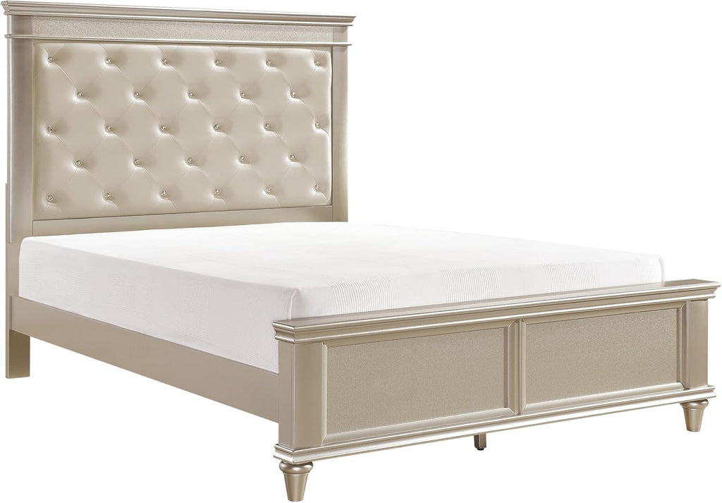 5-Piece Modern Silver Finish Full Size Bed Set Upholstered Headboard Traditional Design Wooden Bedroom Furniture