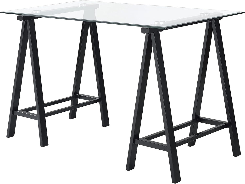 OSP Home Furnishings Middleton 47 Inch Desk with Clear Beveled Glass Top, Black Base