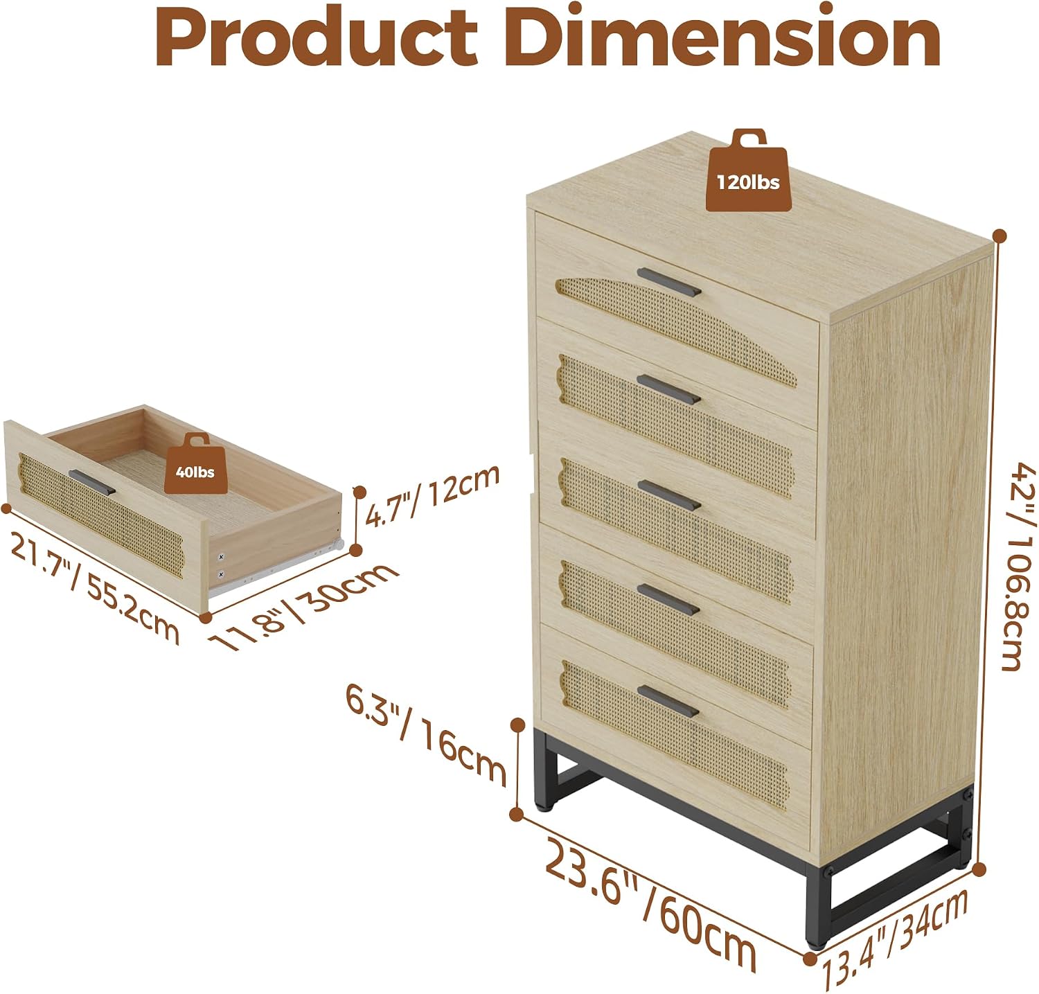 Mericonia 5 Drawer Rattan Dresser for Bedroom, Wood Tall Dresser for Closet with Metal Handles, Boho Nightstand Sets, Dressers & Chests of Drawers for Bedroom, Hallway and Entryway, Oak