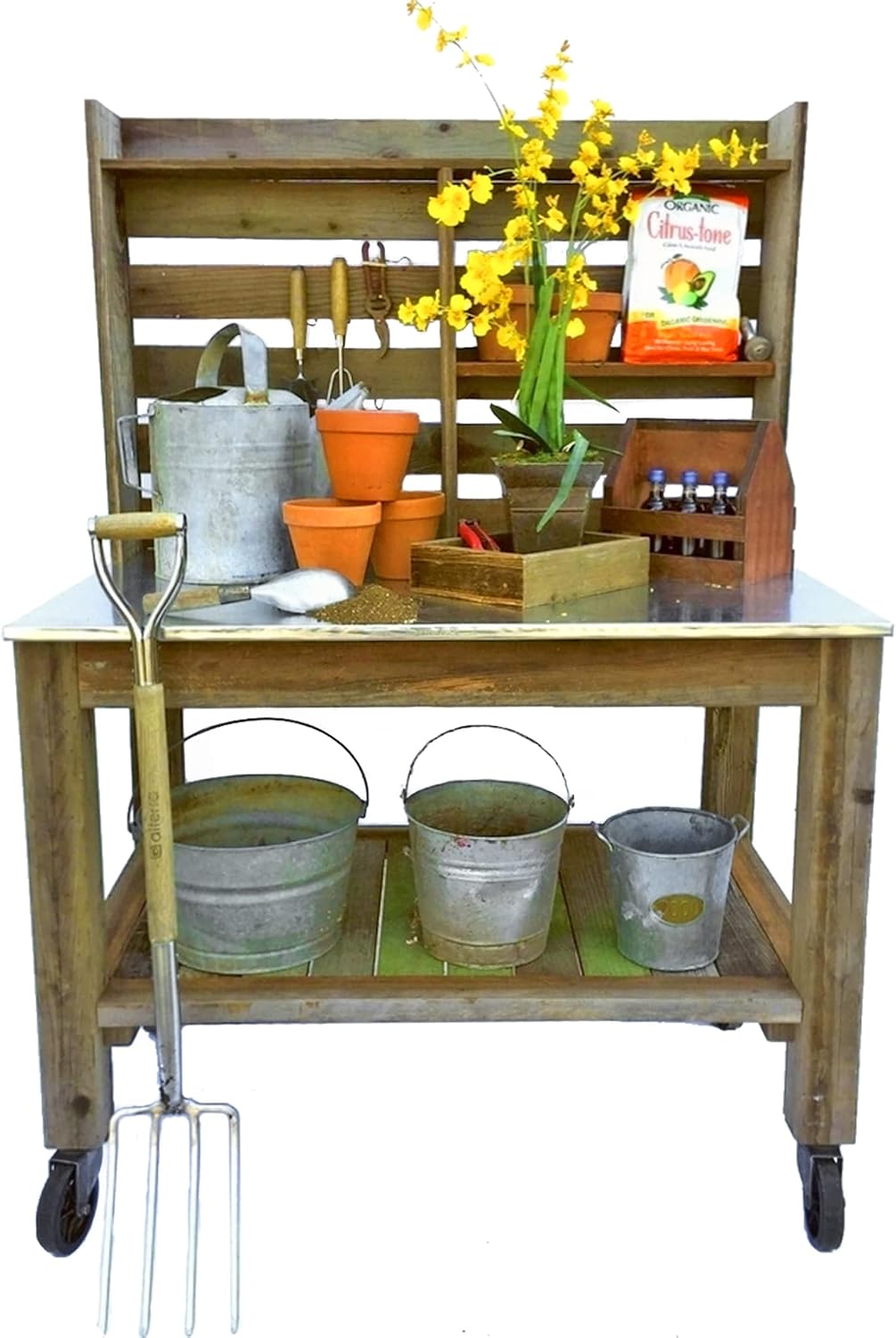 Potting Table Buffet Island Workbench Outdoor Patio Garden Furniture 5in Gold Metal Cast Iron Castors & Brakes