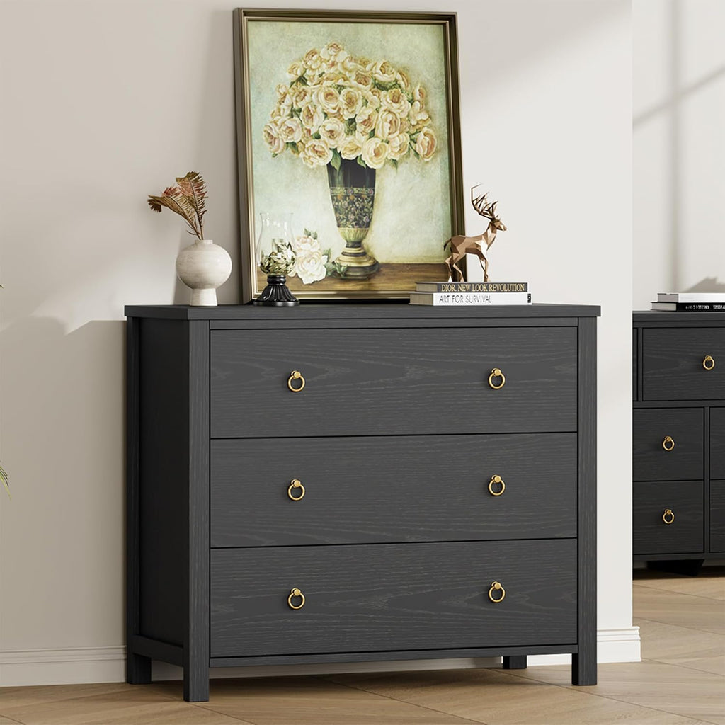 IDEALHOUSE 3 Drawer Dresser for Bedroom, 29' Tall Chest of Drawers, Wood Dresser for Closet, Clothes Storage Cabinet & Drawer Organizer for Living Room, Hallway, Entryway, Black