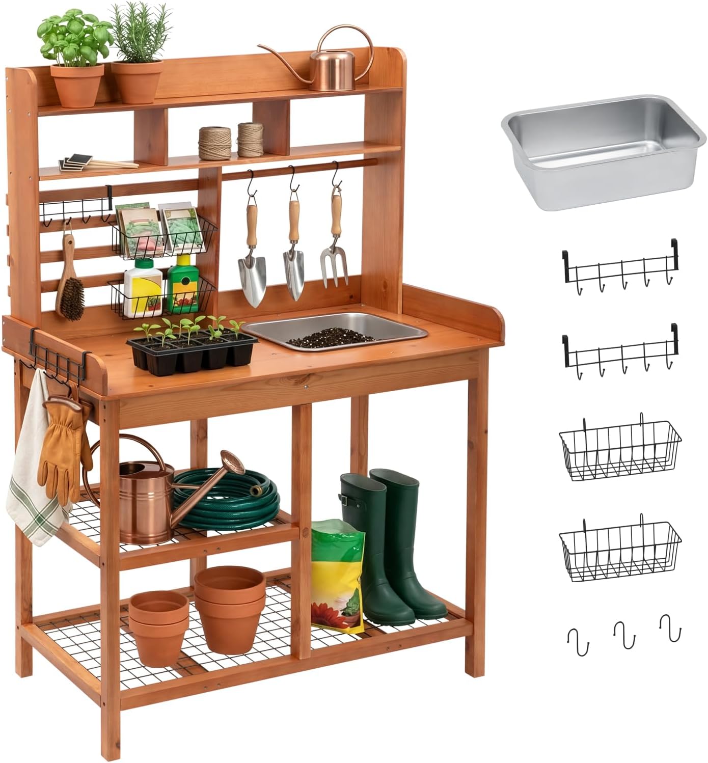 OOOK Potting Bench, Nordic Scots Pine Potting Table, Removable Sink, Workstation for Outside Patio Lawn, Wooden Garden Work Station