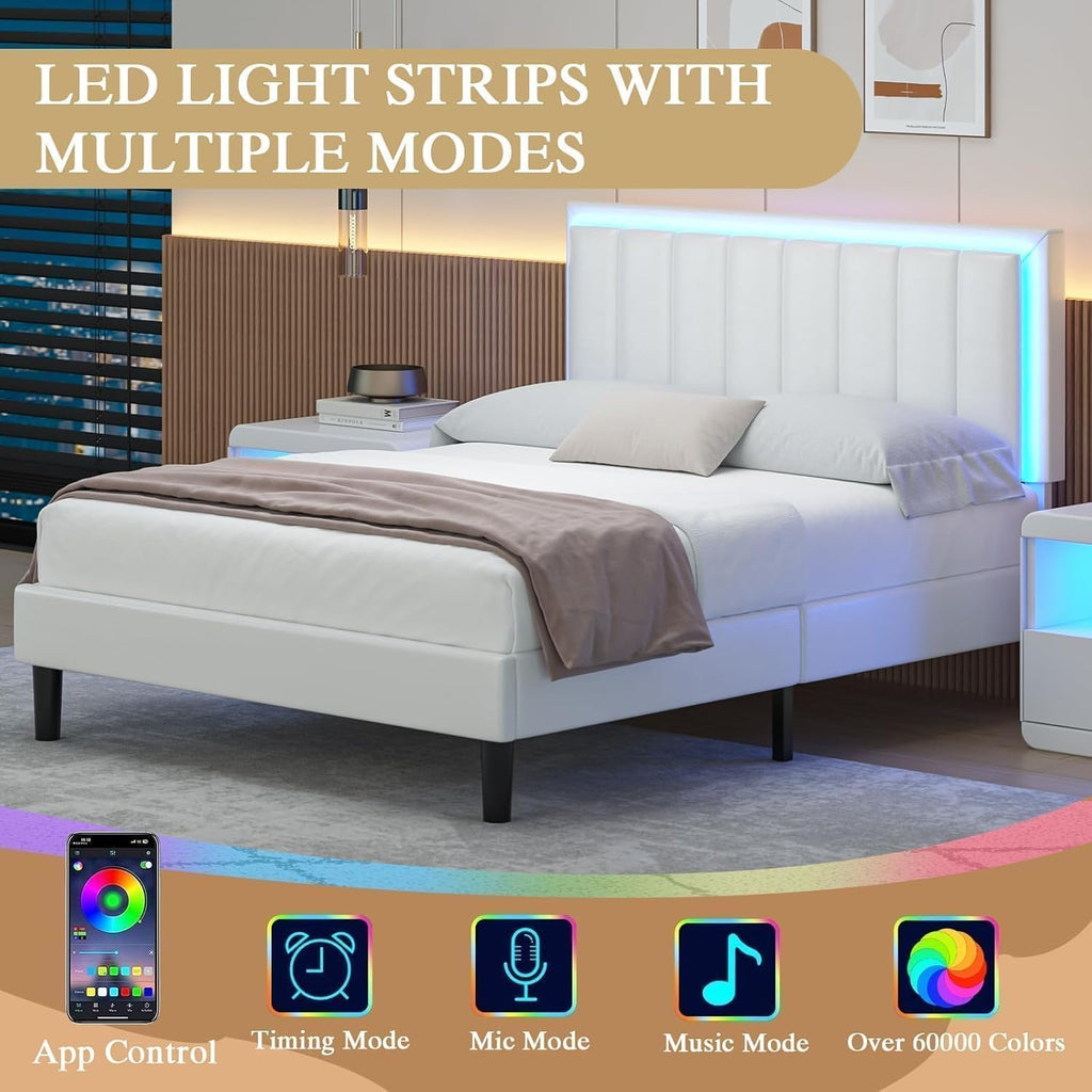 IMMERSTABLE Queen Bed Frame with RGB LED Lights, Upholstered Platform Bed Frame with Headboard, Wood Slat Support, No Box Spring Needed, Quiet Design, Easy Assembly, White