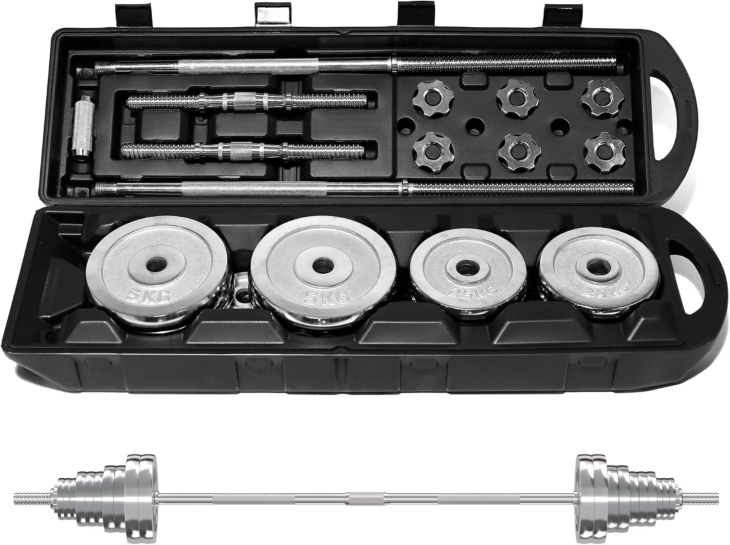VIVITORY Fitness Dumbbells Set, Adjustable Weight Sets up to 11/22/44/66/100 lbs, with Metal Connecting Rod Used As Barbell, Chromed Weights, Hardcover Gift Box, Home Gym Work Out Training Equipment