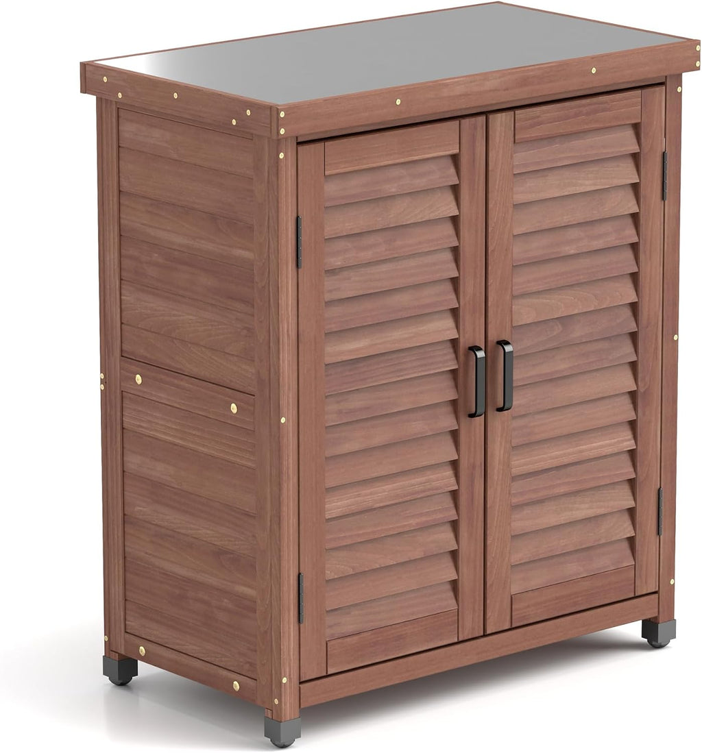 Potting Bench with Storage Cabinet and Metal Table Top - Outdoor Patio Garden Furniture Wood Workstation - Spacious Interior for Organizing Garden Supplies and Outdoor Gear (Brown)