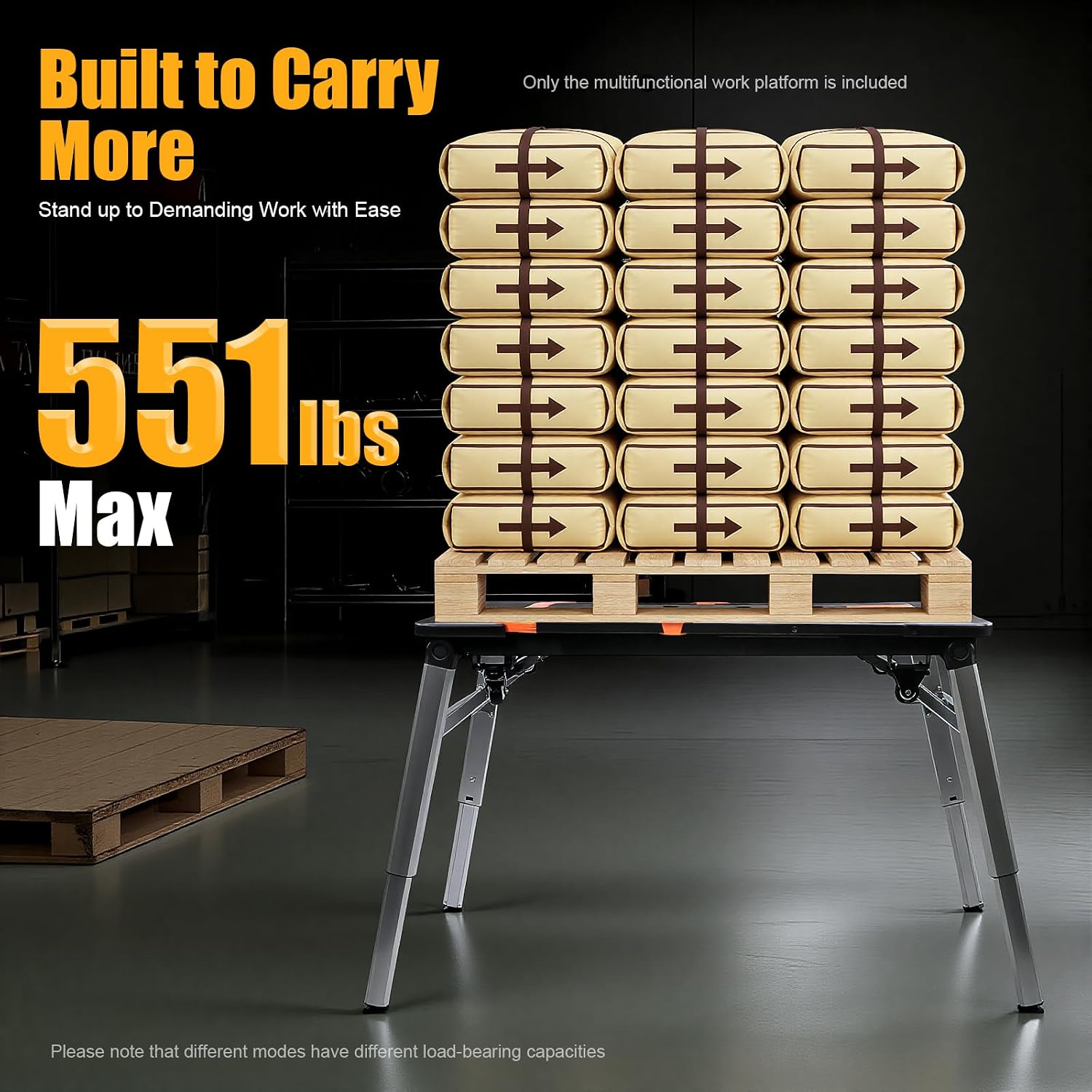 7-in-1 Multifunctional Work Platform Portable Workbench Handcart 551lbs Scaffolding Sawhorse Workbench with Garage Woodworking Adjustable Height Car Creeper Dolly and Hand Truck with 4 Wheels