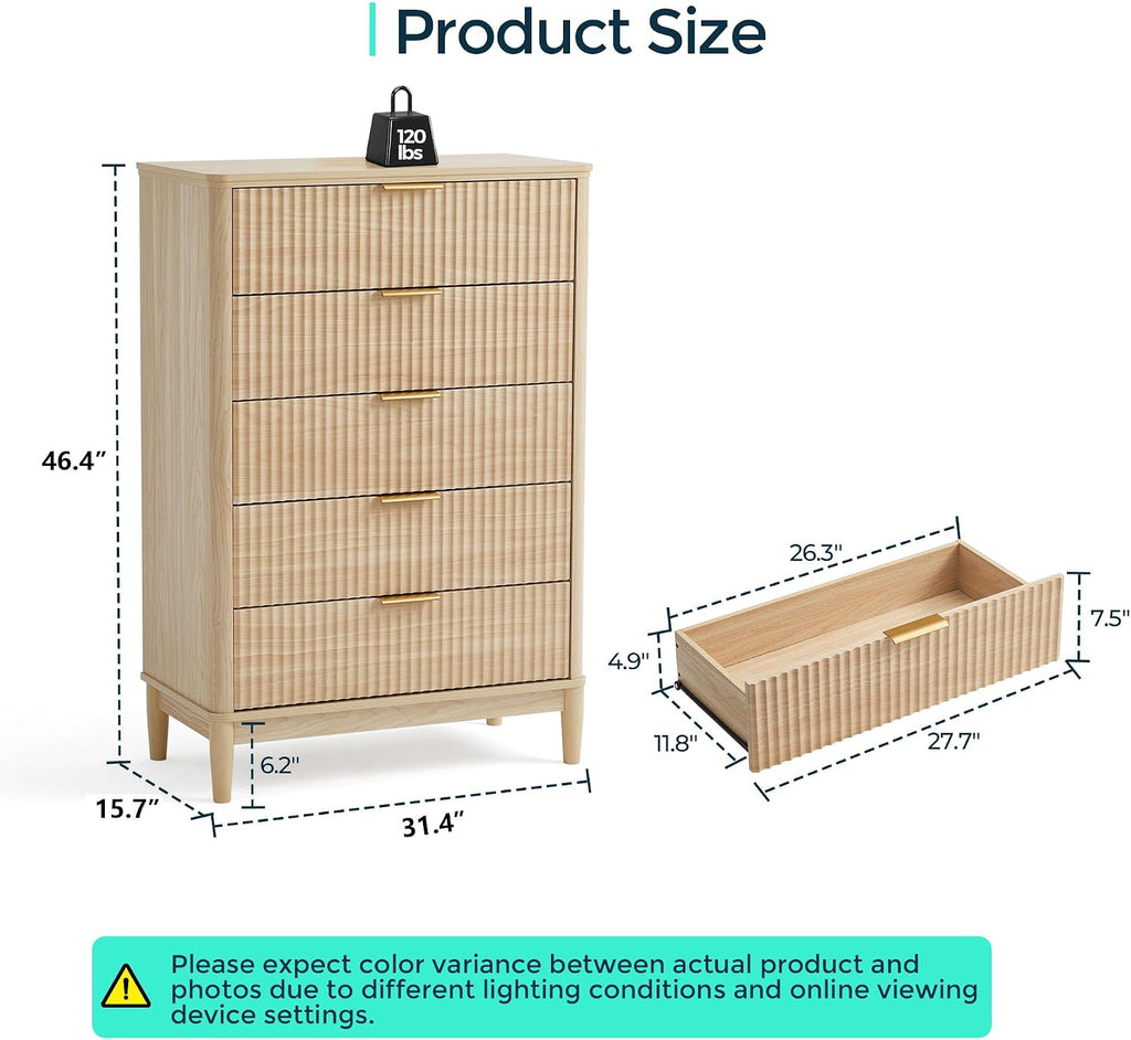 LINSY HOME Fluted 5 Drawers Dresser, 46' Tall Modern Chest of Drawers, Curved Profile Design, Mid Century Wood Dresser with Metal Handle for Bedroom, Living Room, Hallway, Entryway, Oak