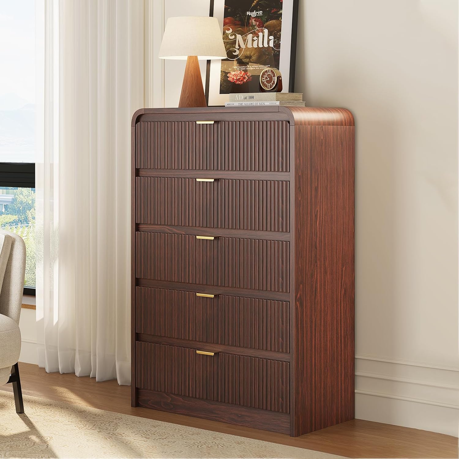 FURSUN Fluted 5 Drawers Dresser for Bedroom, 48' Tall Wooden Modern Dresser with Metal Handle, Curved Profile Design, Storage Organizer for Bedroom, Living Room, Hallway, Dark Walnut