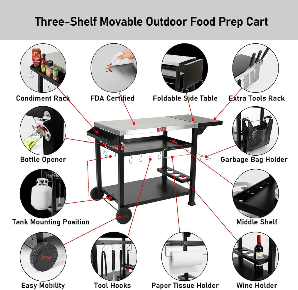 Feasto 40x26 Outdoor Grill Cart, Stainless Steel Tabletop, 3-Shelf Rolling | Pizza Oven Table, Pizza Oven Stand, BBQ Grill with Wheels for Food Prep, Outdoor & Indoor, Dining, Kitchen Cart Table