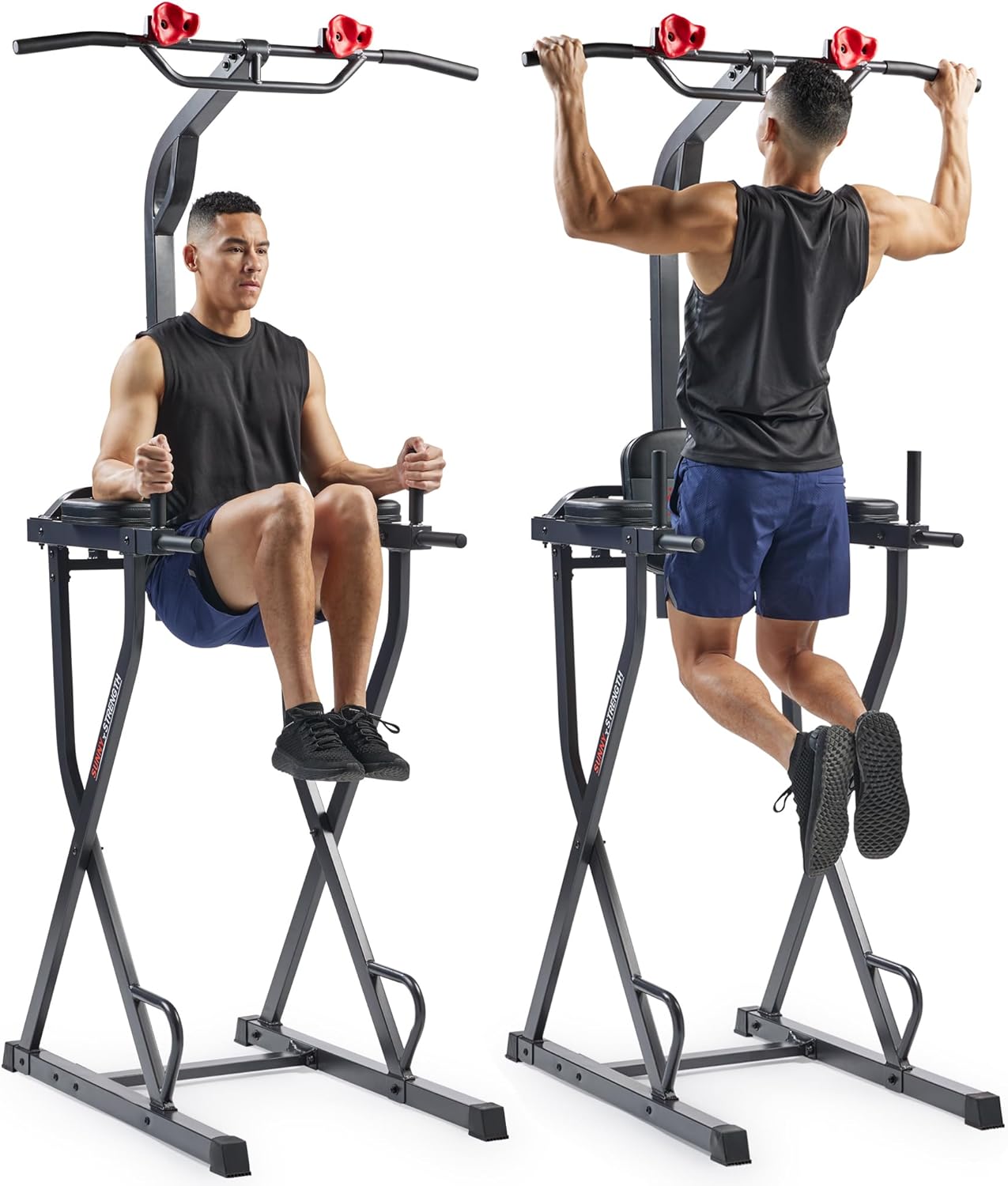 Sunny Health & Fitness Power Tower Dip Station & Pull-Up Bar, Multi-Function Strength Training Equipment with Captain's Chair, Push-Up Bars & Core Workout for Home Gym