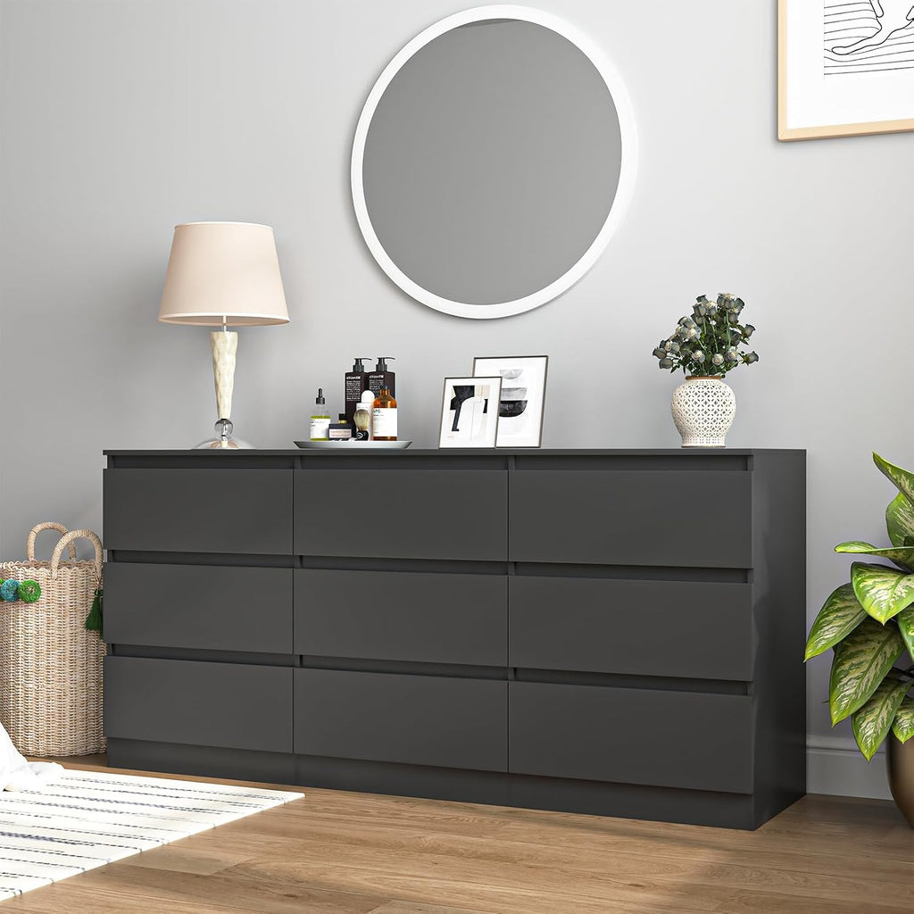 Vibe & Dine 9 Drawer Dresser, 59.1' Long Dresser for Bedroom Free Handle, Modern Wooden Chest of Drawers with Wide Storage for Living Room, Black