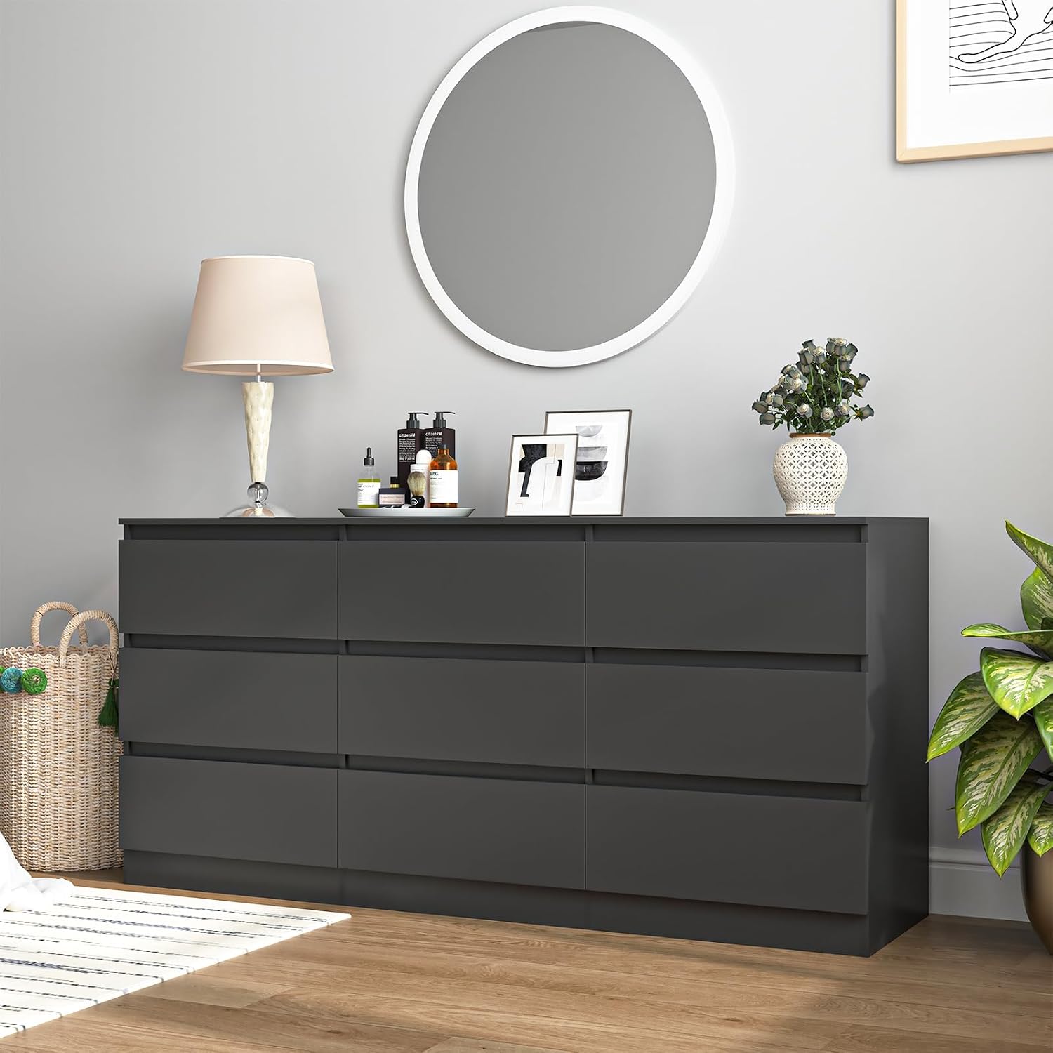 Vibe & Dine 9 Drawer Dresser, 59.1' Long Dresser for Bedroom Free Handle, Modern Wooden Chest of Drawers with Wide Storage for Living Room, Black