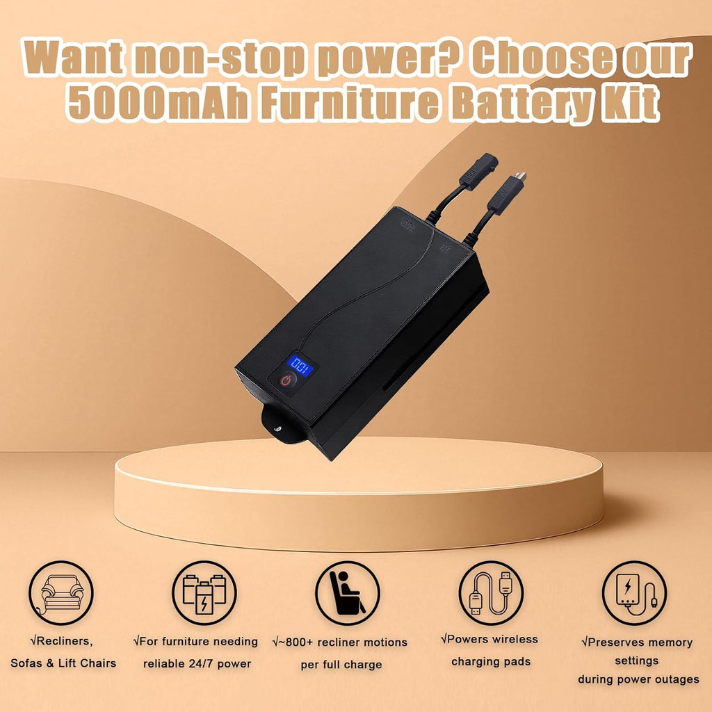 5000mAh Universal Battery Pack for Reclining Furniture, Rechargeable Wireless Power Supply Fits Furniture with 2-Pin Connection, Batteries for Electric Sofas, Couch, Power Recliner Chair