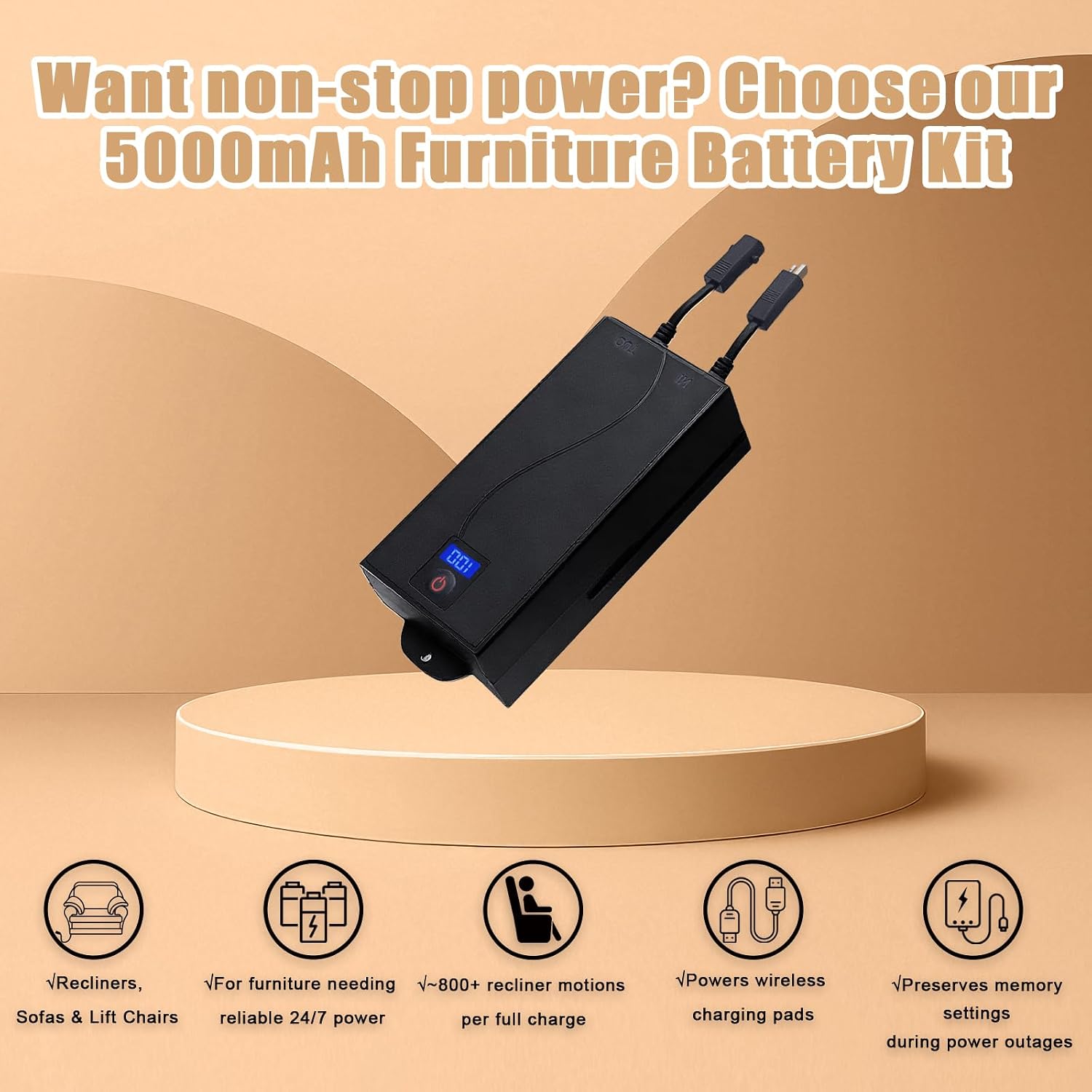 5000mAh Universal Battery Pack for Reclining Furniture, Rechargeable Wireless Power Supply Fits Furniture with 2-Pin Connection, Batteries for Electric Sofas, Couch, Power Recliner Chair
