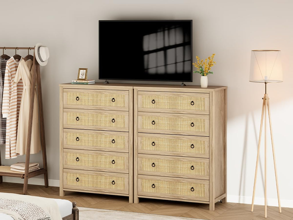 IDEALHOUSE Rattan Dresser for Bedroom with 5 Drawers, 45'' Tall Chest of Large Drawers with Large Clothes Storage Cabinet, Wood Bedroom Dresser, TV Stand for Nursery, Living Room, Enterway