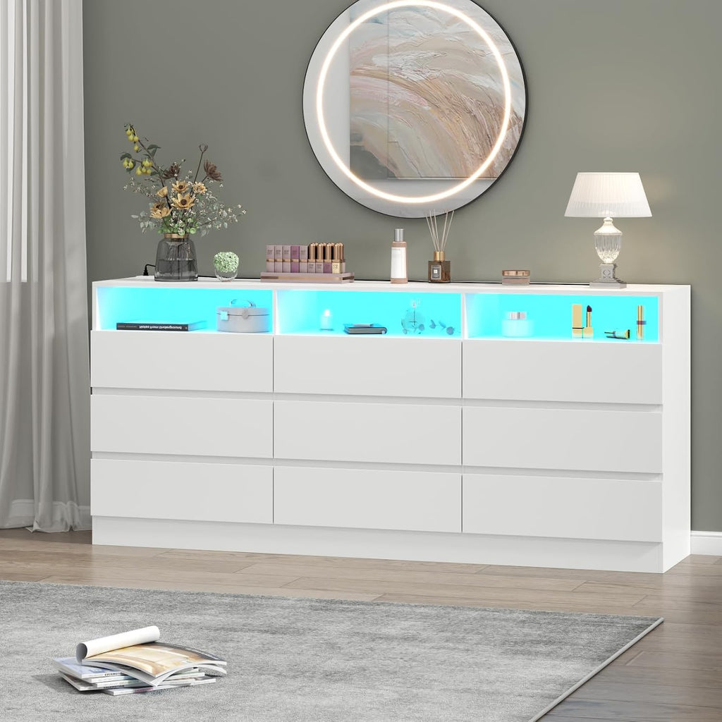 Loomie 9 Drawers Dresser, White Drawer Cabinet with Power Outlet, Accent Chests of Drawers with LED Light, Modern Storage Chest for Bedroom, Living Room (9 Drawers White)