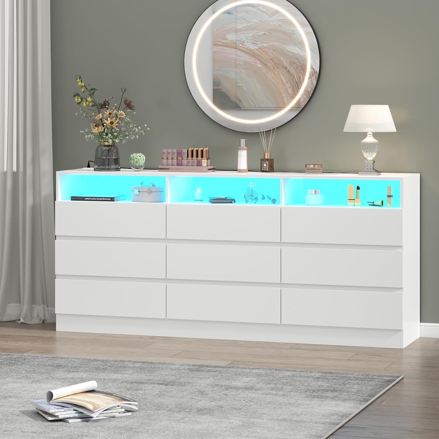 Loomie 9 Drawers Dresser, White Drawer Cabinet with Power Outlet, Accent Chests of Drawers with LED Light, Modern Storage Chest for Bedroom, Living Room (9 Drawers White)