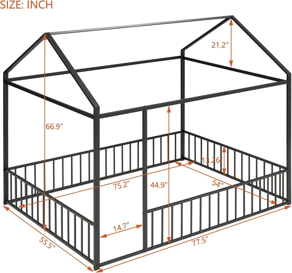 Bellemave Full Size House Floor Bed with Rails and roof, Metal House Bed for Kids, Montessori Floor Beds for Kids, Black