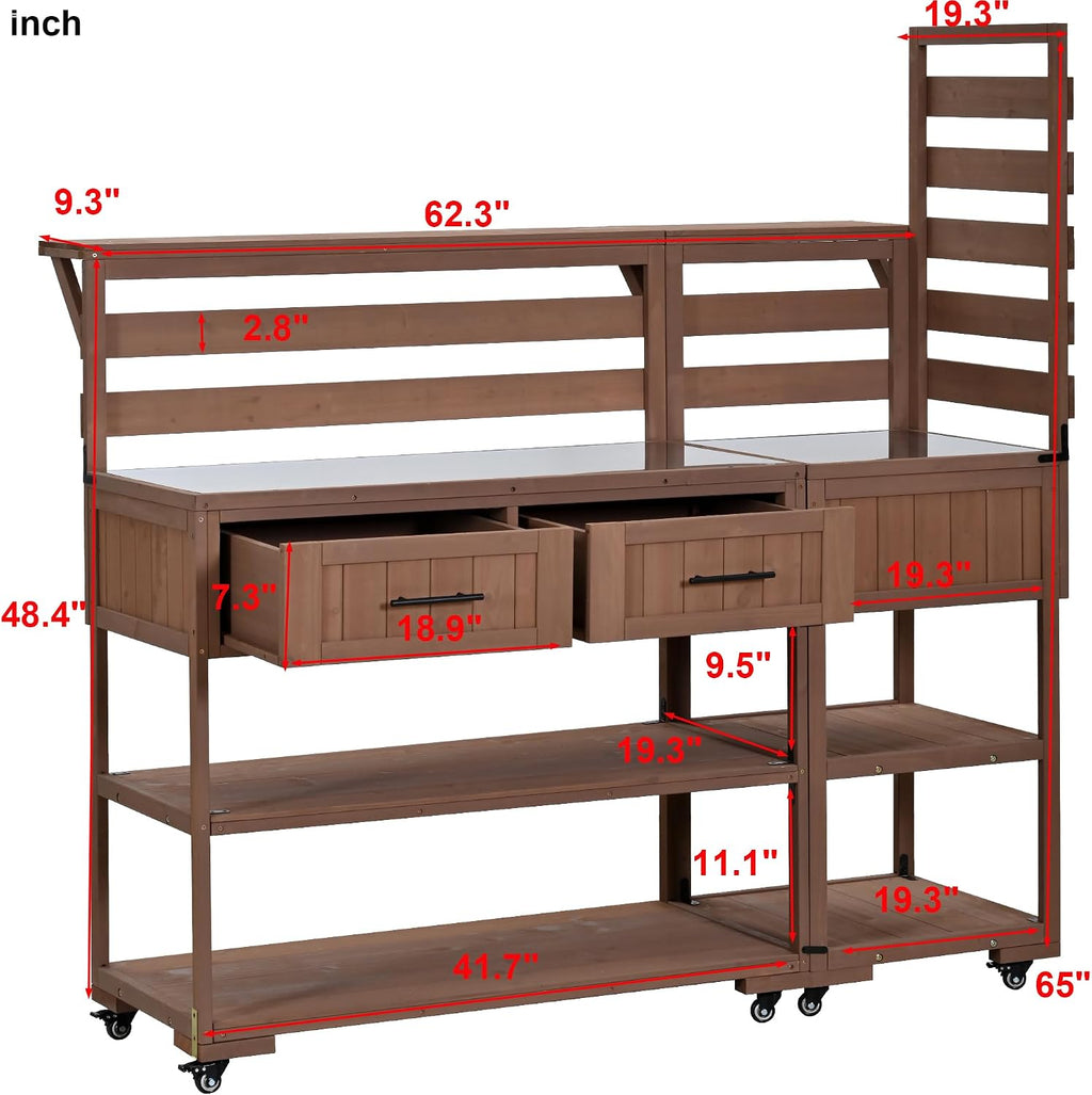 Outdoor Kitchen Island with Stainless Steel Top, 62 in | Fir wood, stainless steel top, raised shelf, modular 2-cart design, lockable wheels, BBQ prep, 62.3 W x 28.6 D x 65 H in