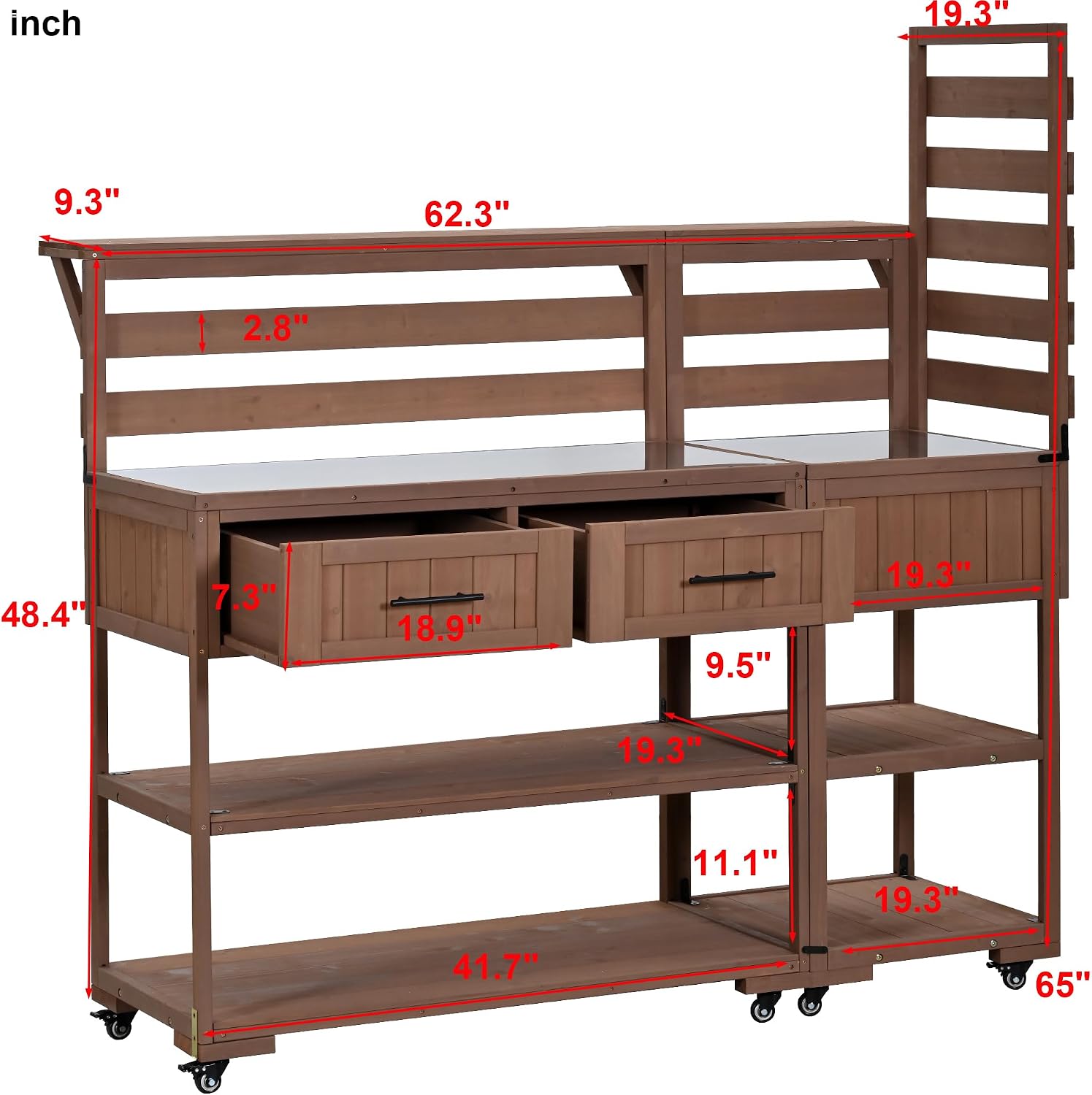 Outdoor Kitchen Island with Stainless Steel Top, 62 in | Fir wood, stainless steel top, raised shelf, modular 2-cart design, lockable wheels, BBQ prep, 62.3 W x 28.6 D x 65 H in